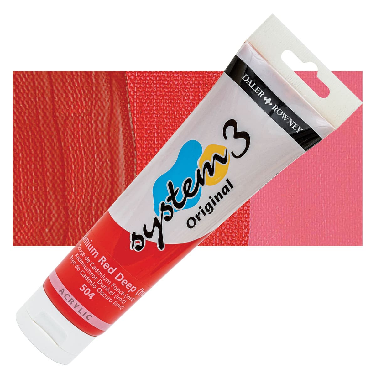 Daler-Rowney System3 Acrylic - Cadmium Red Deep Hue, 150 ml tube and swatch