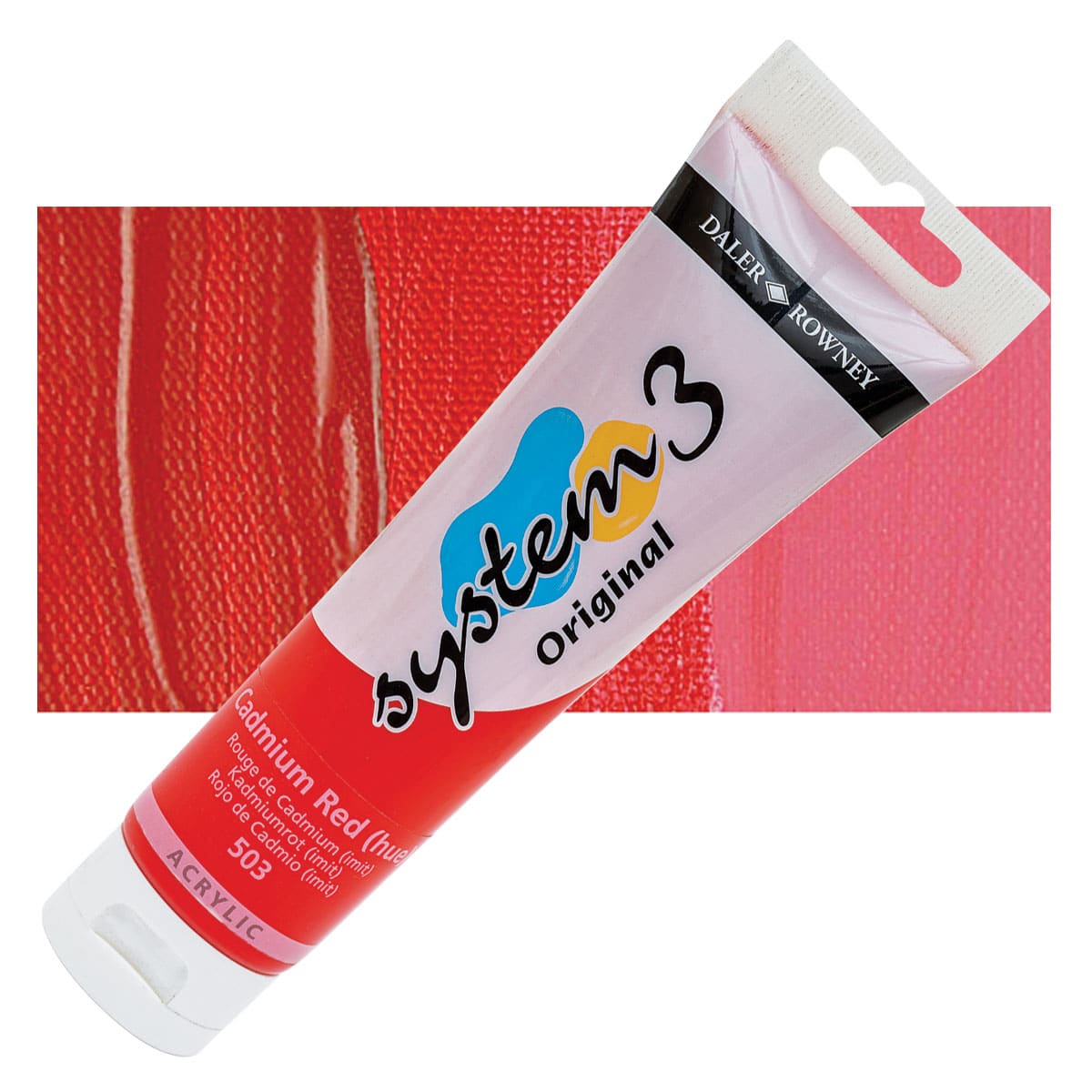 Daler-Rowney System3 Acrylic - Cadmium Red Hue, 150 ml tube and swatch