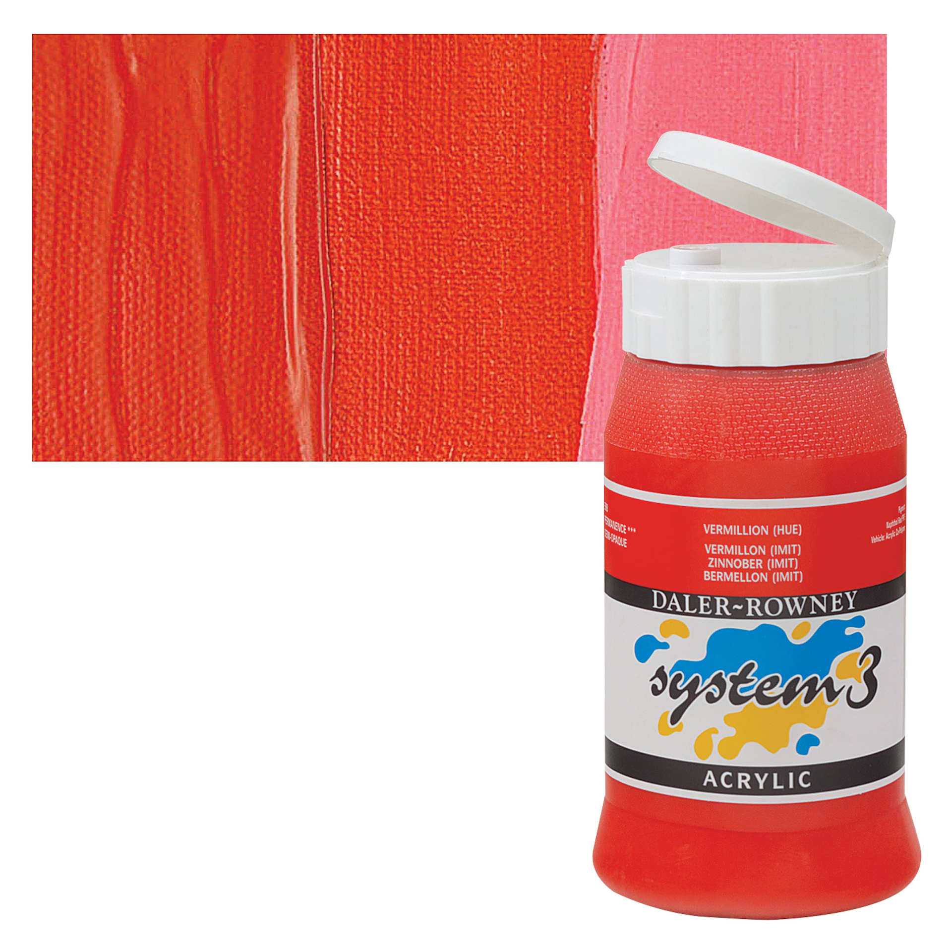 Daler-Rowney System3 Acrylic - Vermilion Hue, 500 ml bottle and swatch