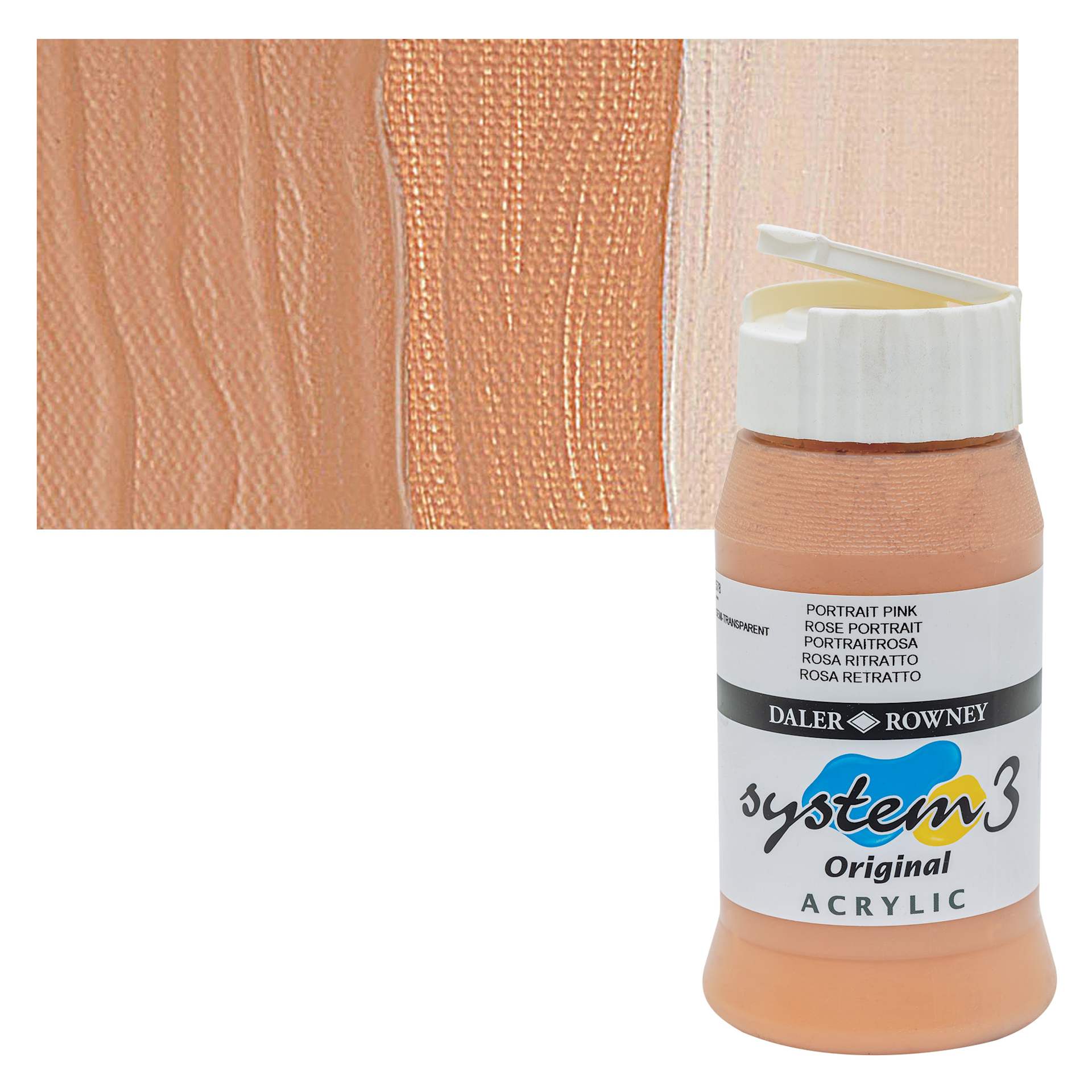 Daler-Rowney System3 Acrylic - Peach Pink, 500 ml bottle and swatch