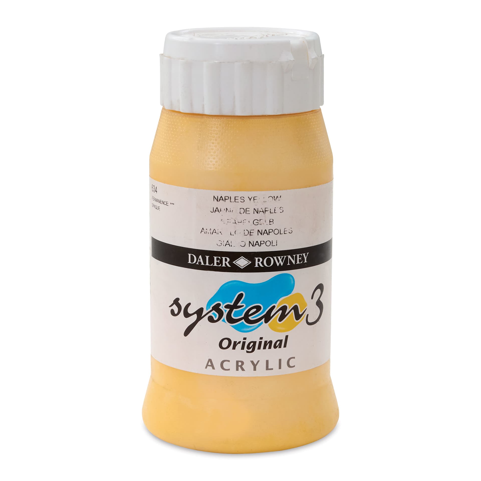 Daler-Rowney System3 Acrylic - Naples Yellow, 500 ml, bottle (Front of bottle)
