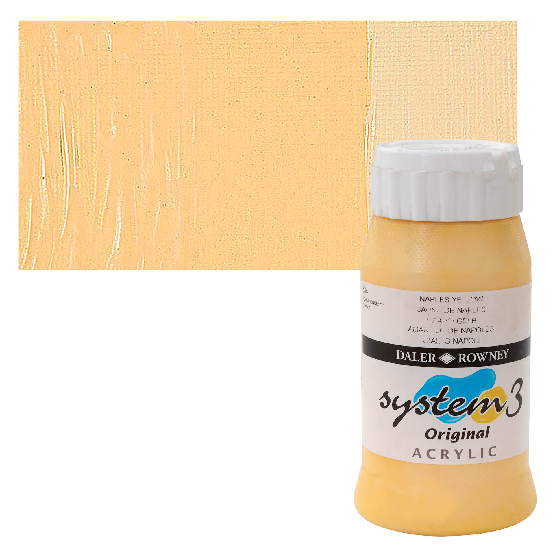 Daler-Rowney System3 Acrylic - Naples Yellow, 500 ml, bottle and swatch