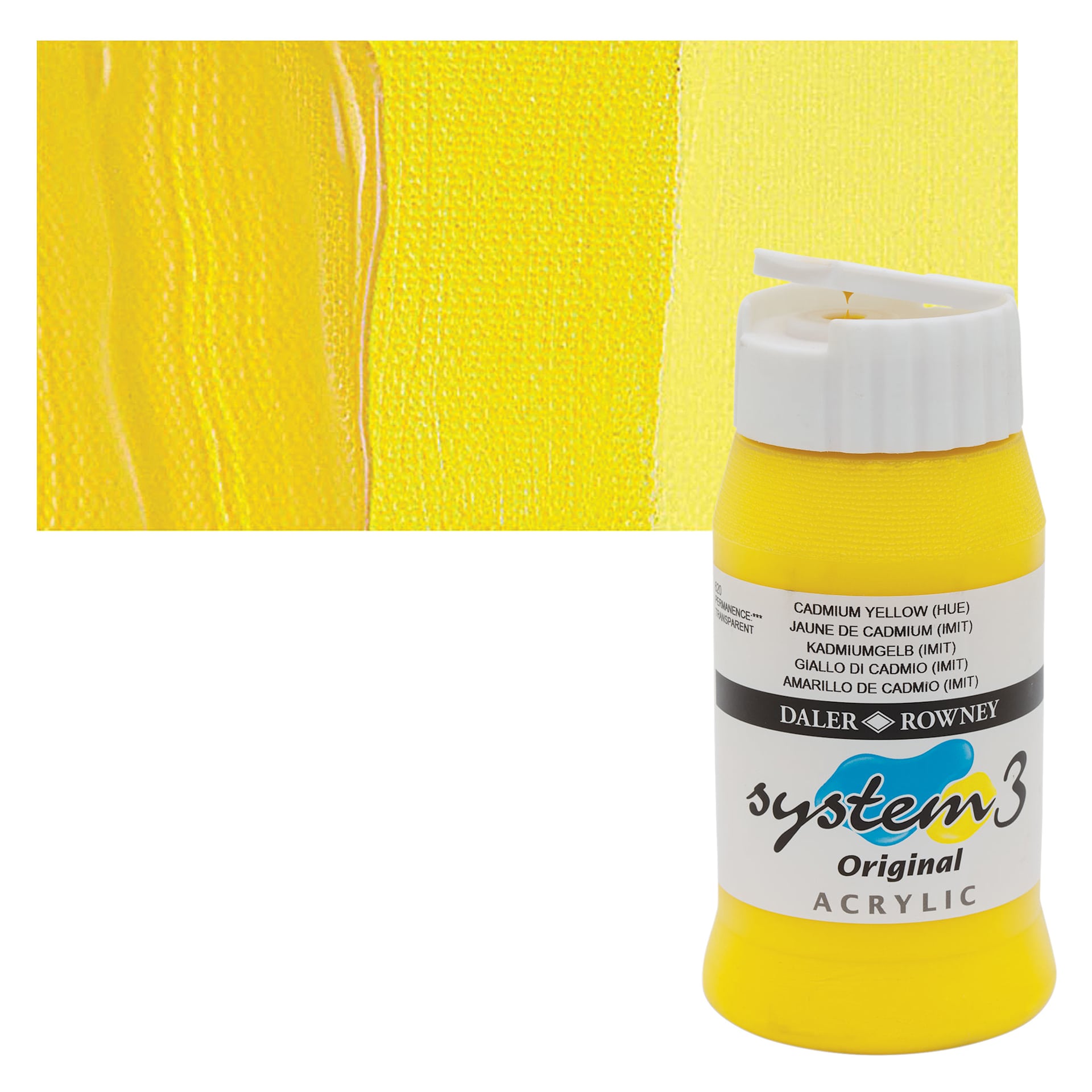 Daler-Rowney System3 Acrylic - Cadmium Yellow Hue, 500 ml bottle and swatch
