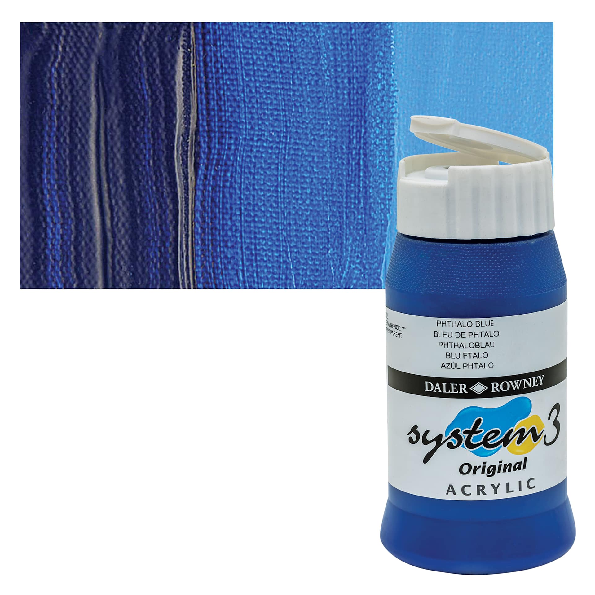 Daler-Rowney System3 Acrylic - Phthalo Blue, 500 ml bottle and swatch