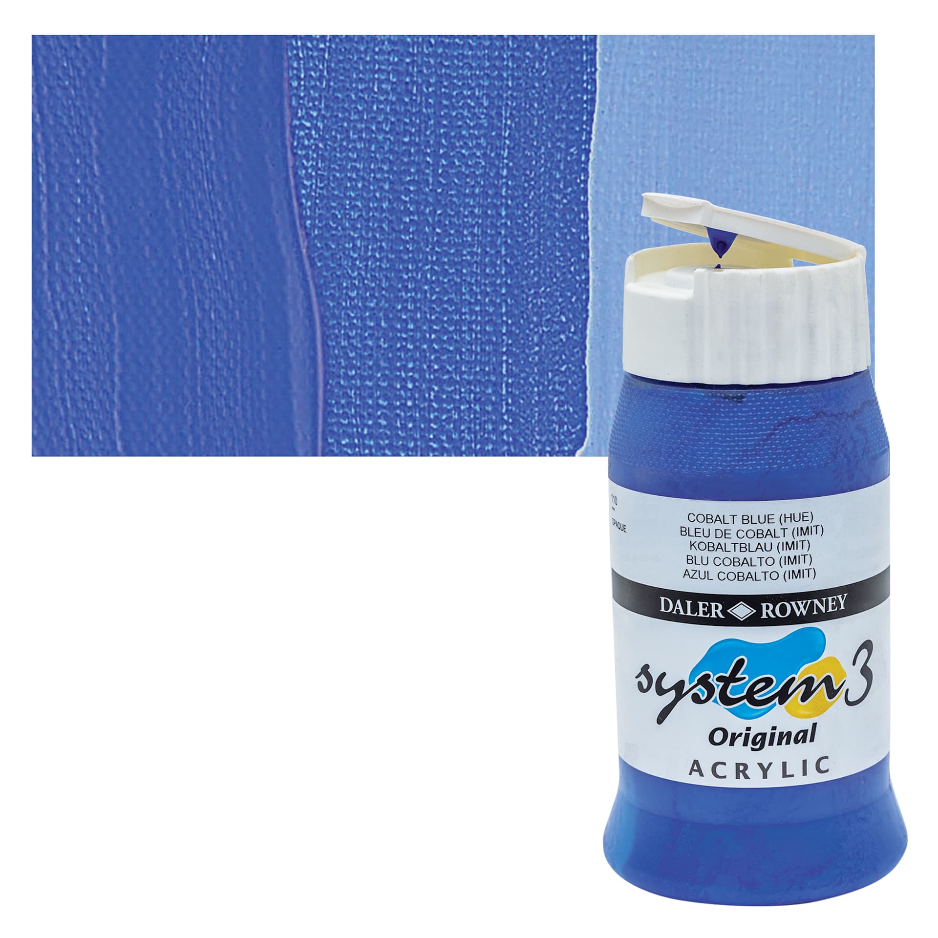 Daler-Rowney System3 Acrylic - Cobalt Blue Hue, 500 ml bottle and swatch