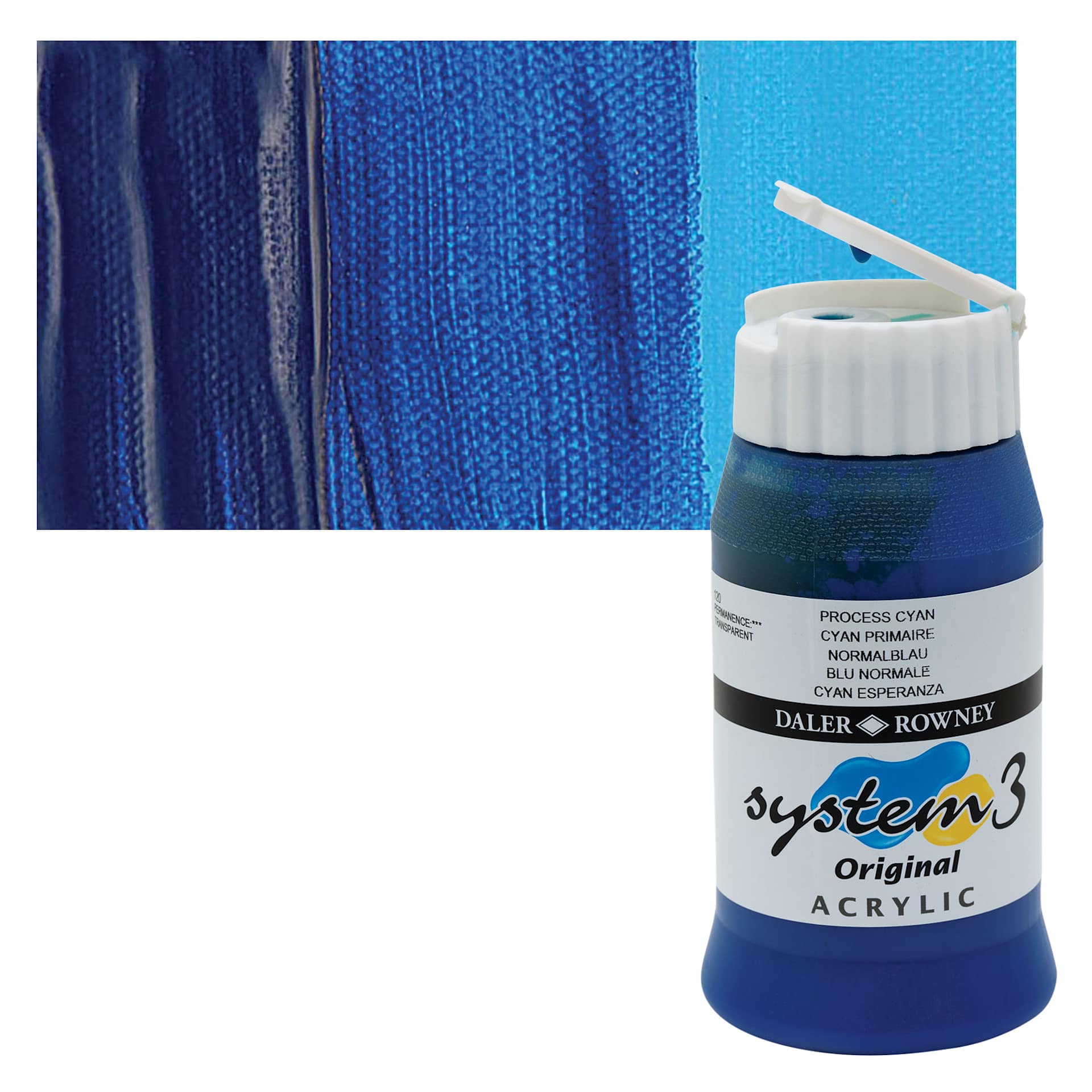 Daler-Rowney System3 Acrylic - Process Cyan, 500 ml bottle and swatch