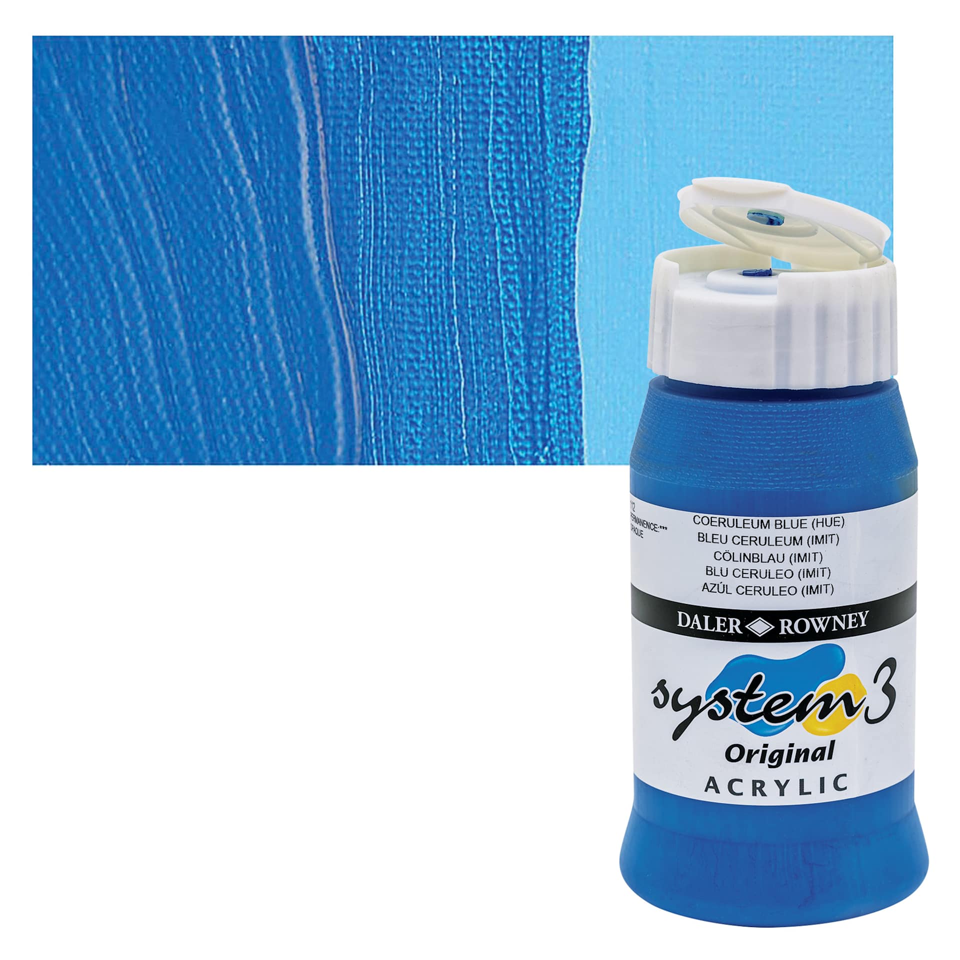 Daler-Rowney System3 Acrylic - Coeruleum Hue, 500 ml bottle and swatch