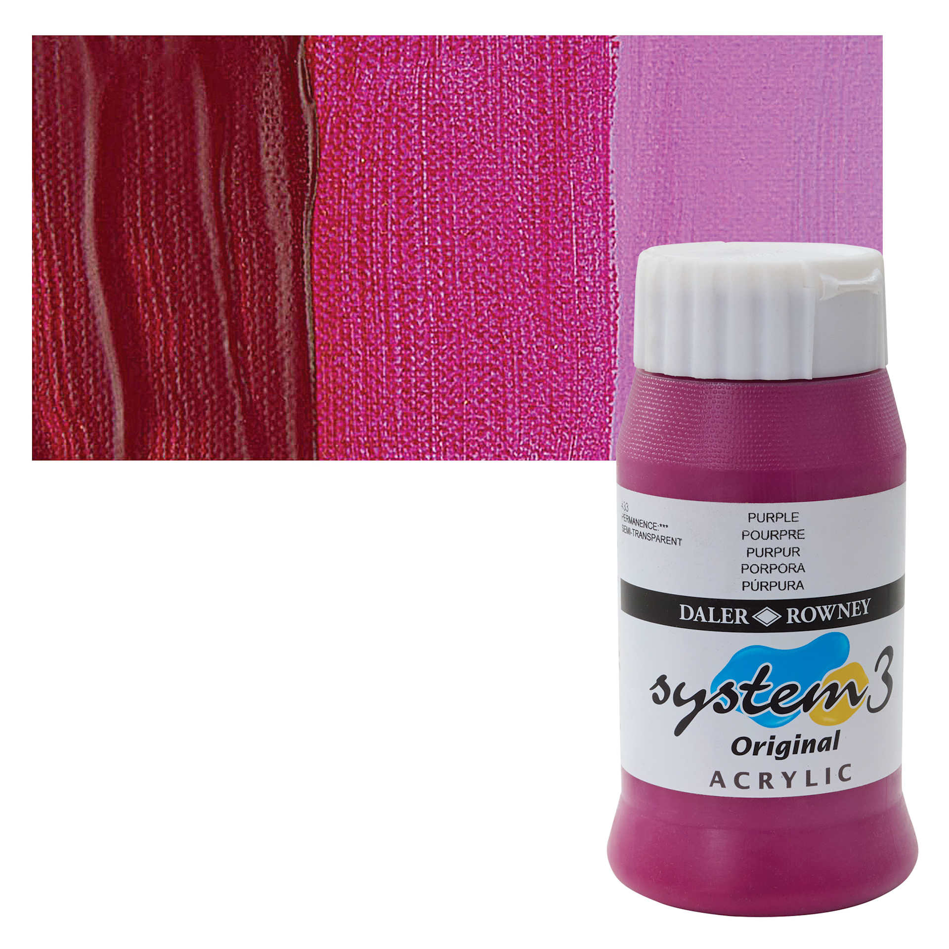 Daler-Rowney System3 Acrylic - Purple, 500 ml bottle and swatch