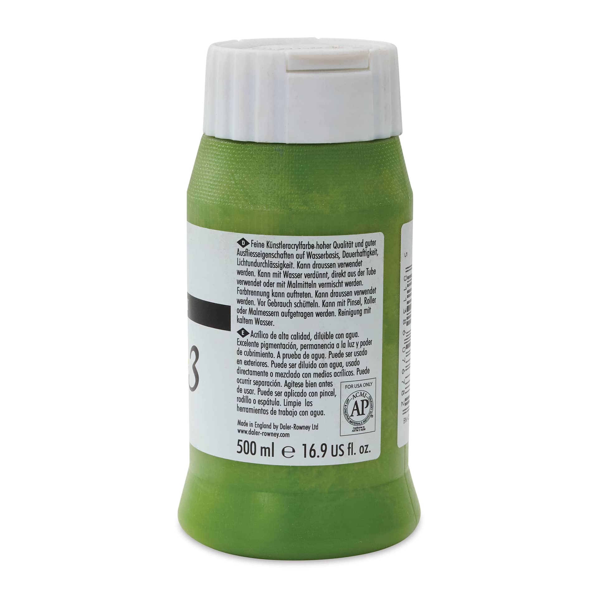 Daler-Rowney System 3 Acrylics - Pale Olive Green, 500 ml bottle side