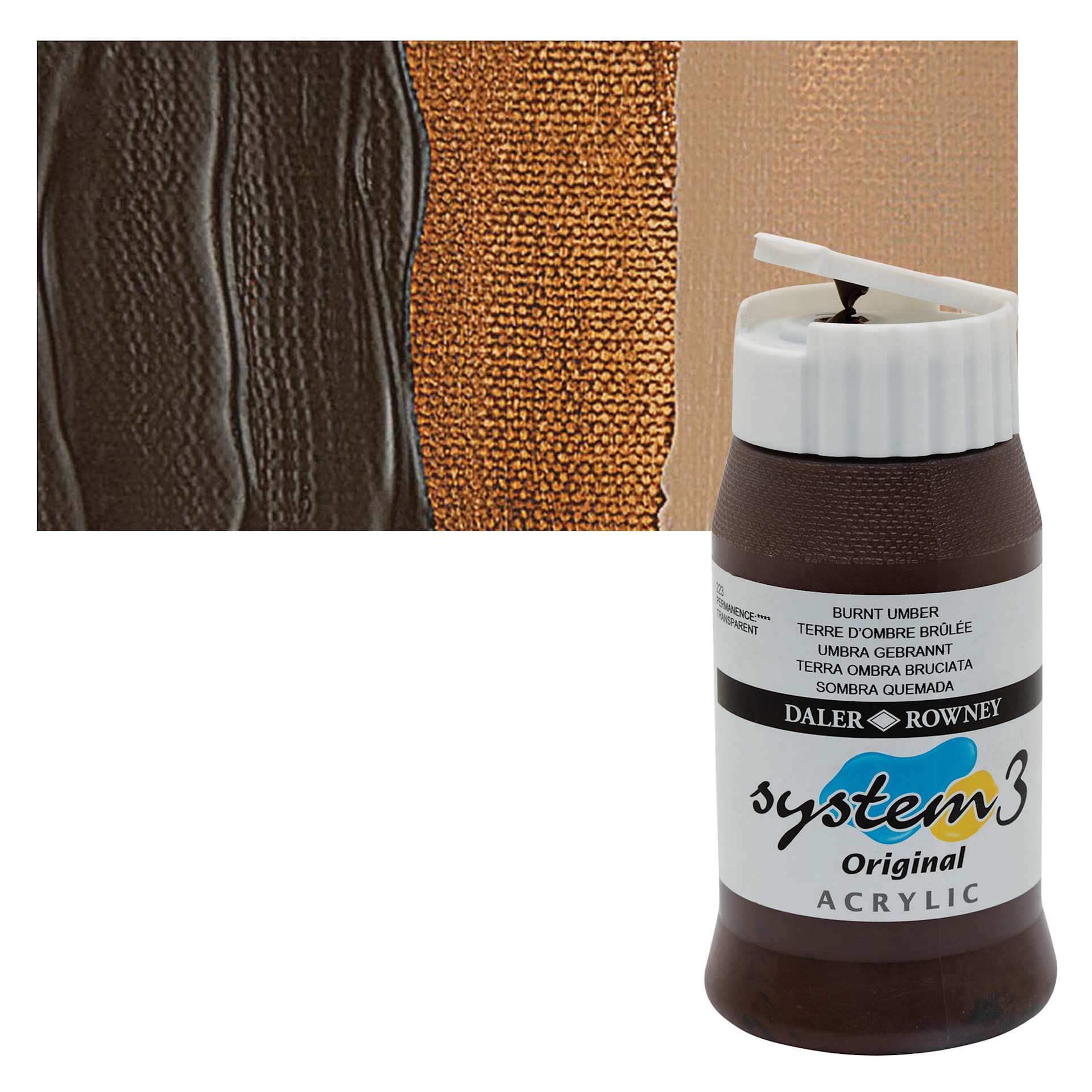Daler-Rowney System3 Acrylic - Burnt Umber, 500 ml bottle and swatch