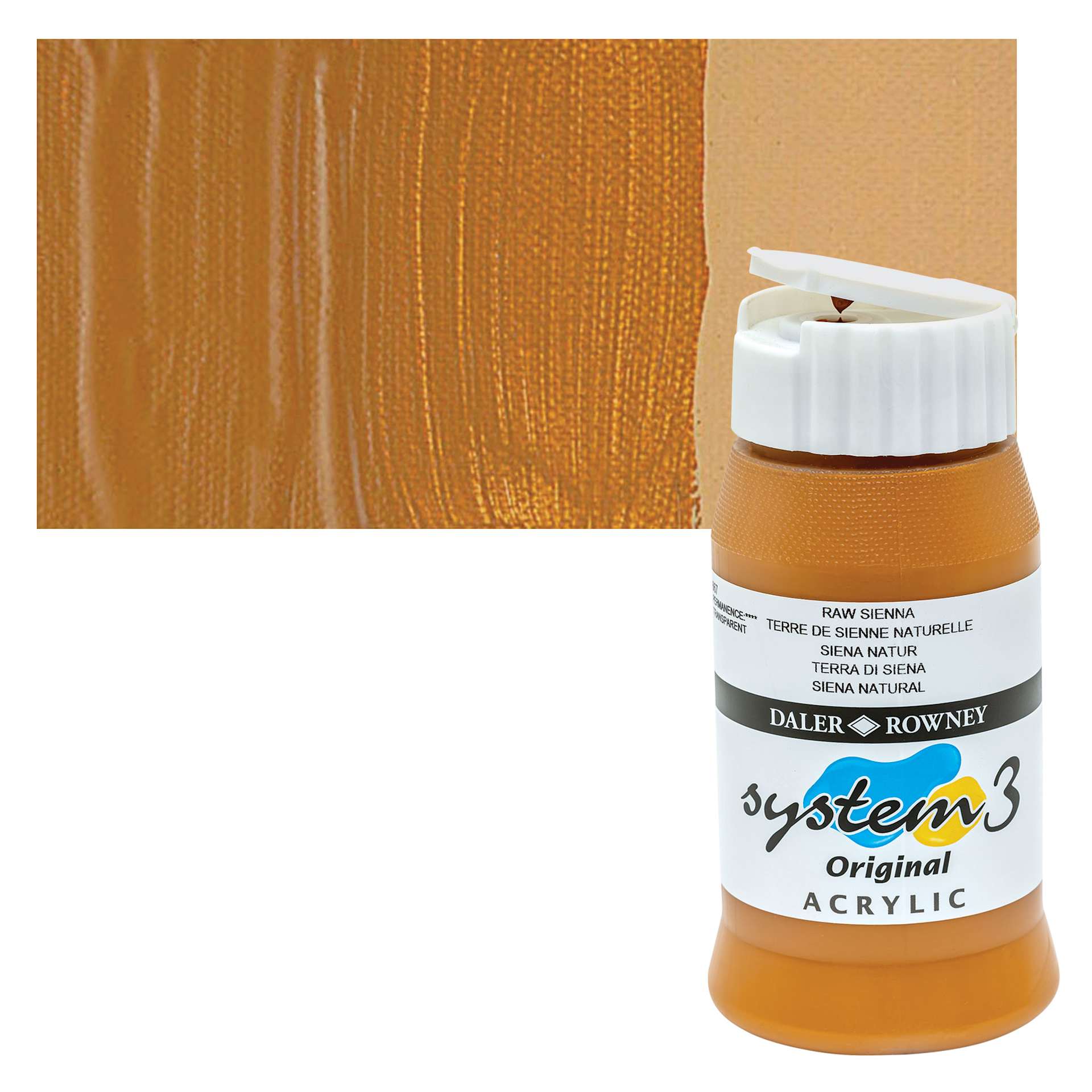 Daler-Rowney System3 Acrylic - Raw Sienna, 500 ml bottle and swatch