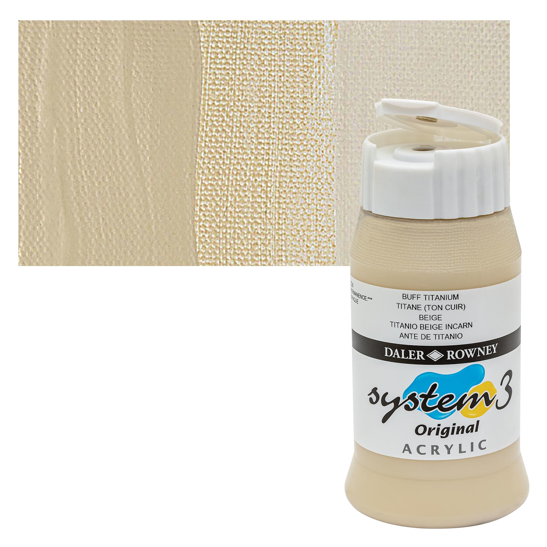 Daler-Rowney System3 Acrylic - Buff Titanium, 500 ml bottle and swatch