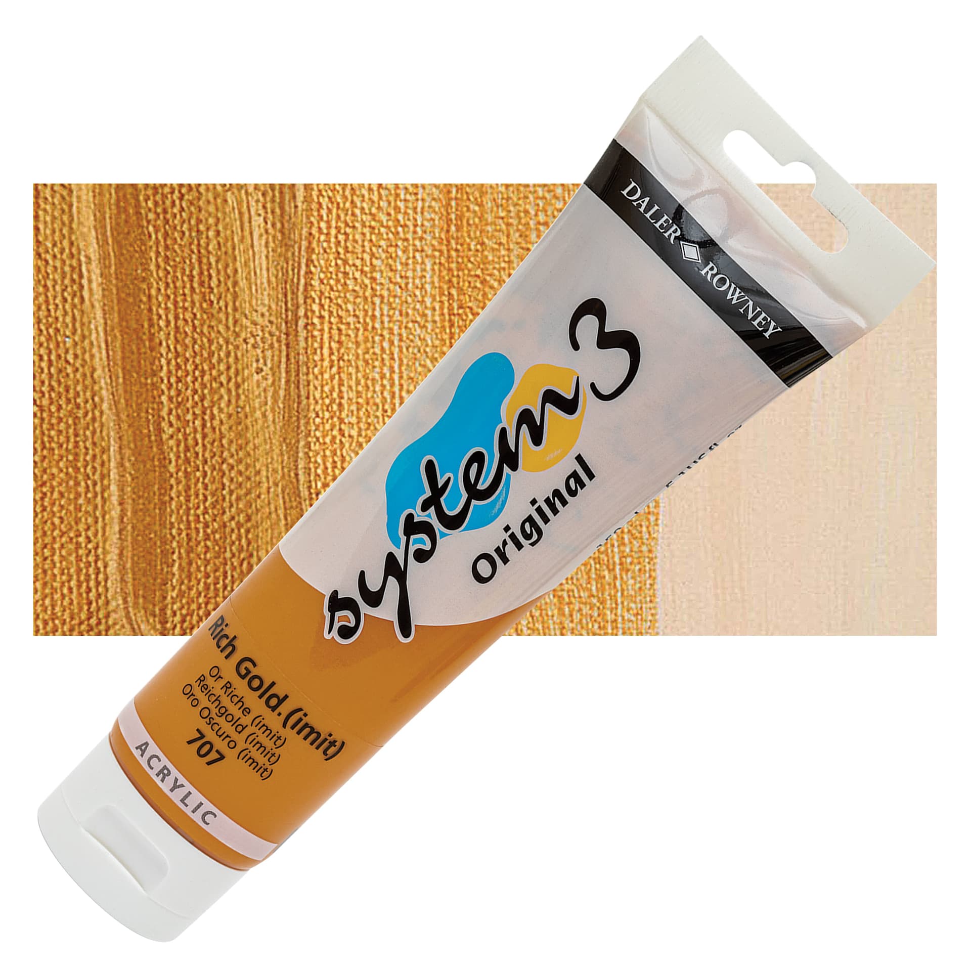 Daler-Rowney System3 Acrylic - Rich Gold Hue, 150 ml tube and swatch