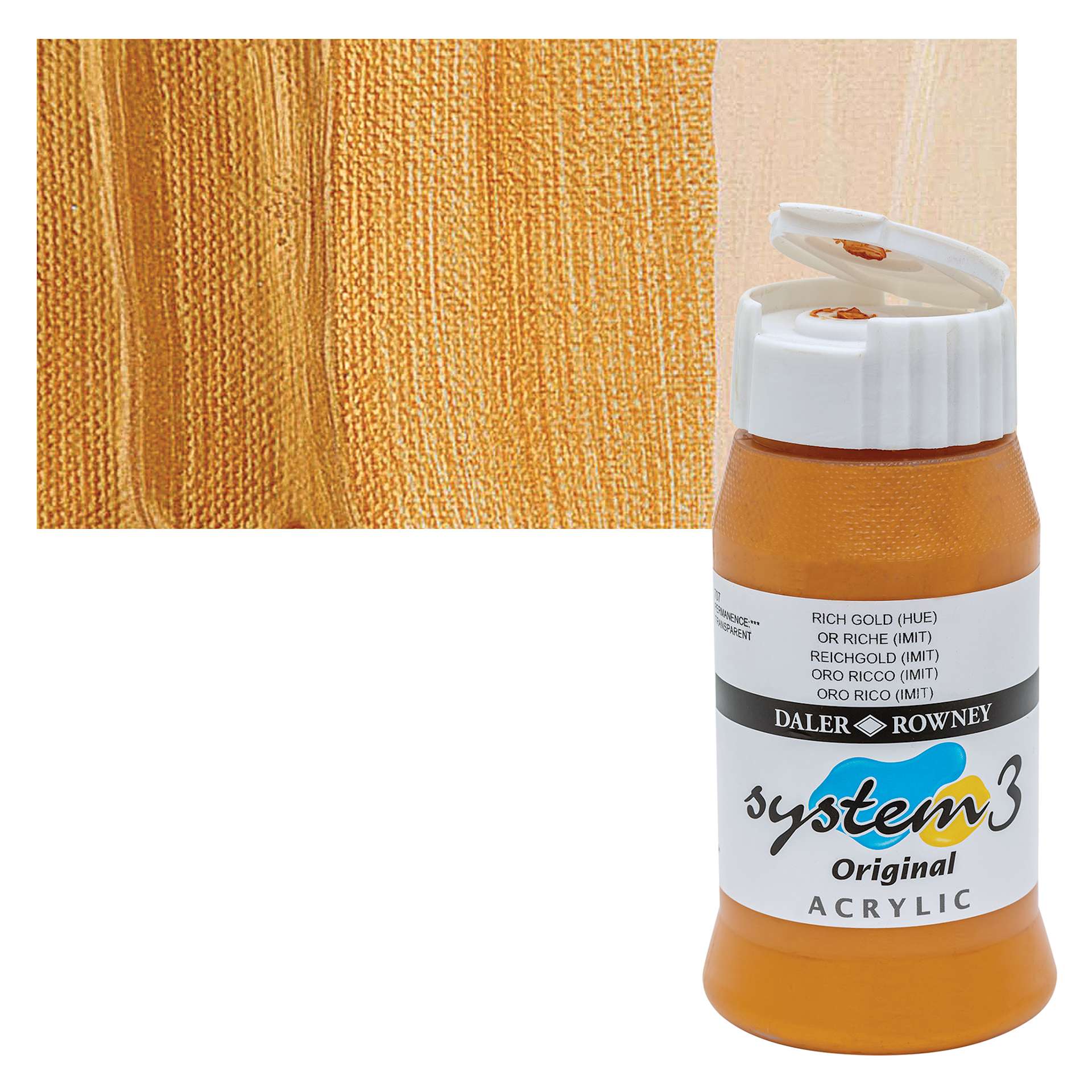 Daler-Rowney System3 Acrylic - Rich Gold Hue, 500 ml bottle and swatch