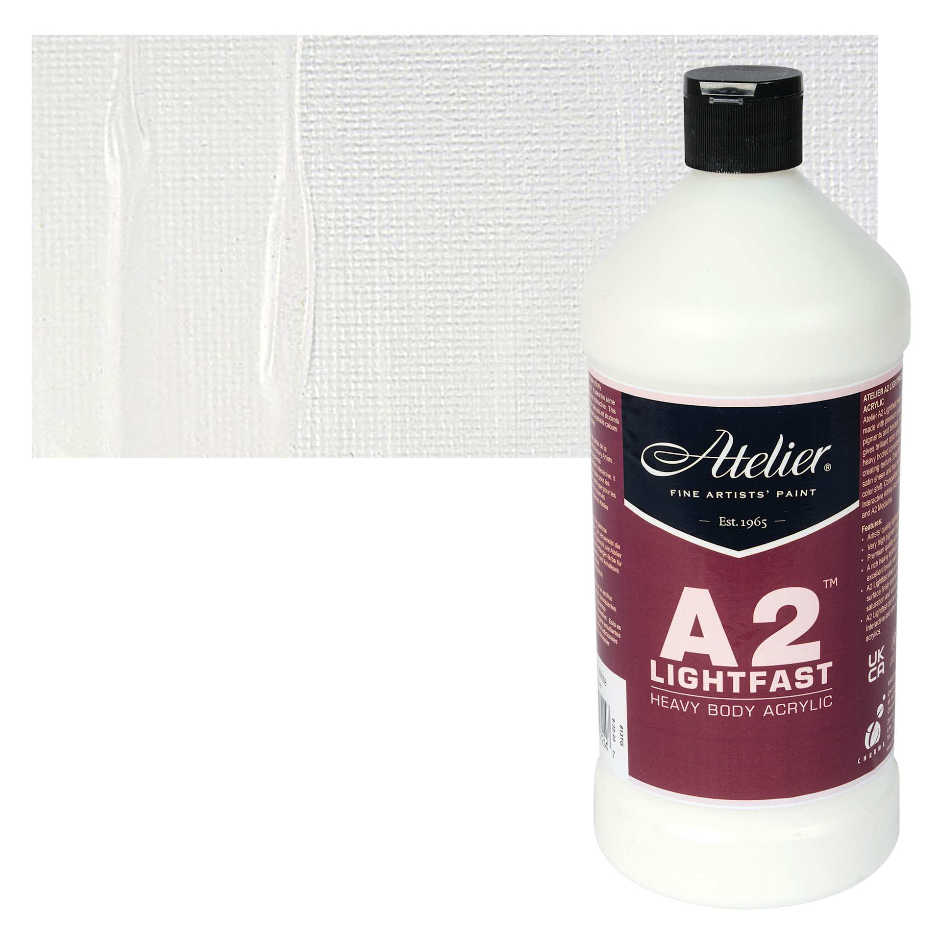 Chroma A2 Student Acrylics - Titanium White, 1 L, Bottle with swatch