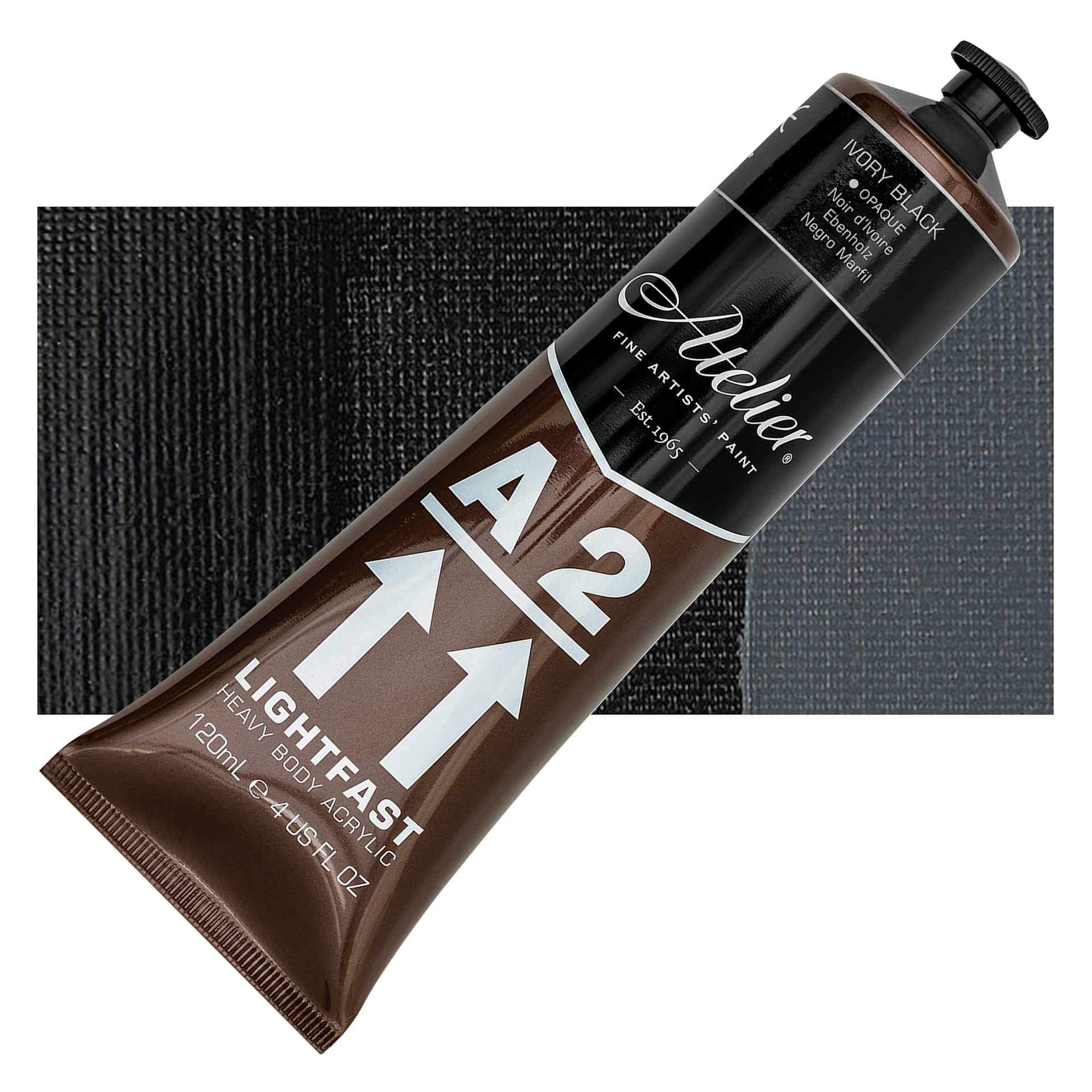 Chroma A2 Student Acrylic - Ivory Black, 120 ml tube and swatch