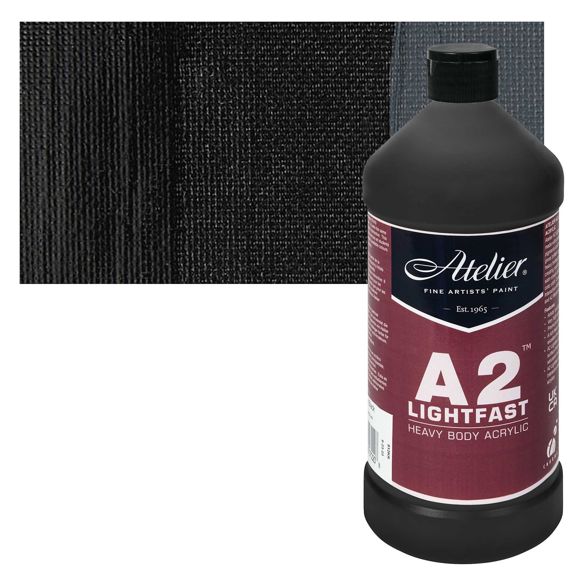 Chroma A2 Student Acrylics - Ivory Black, 1 L, Bottle with swatch