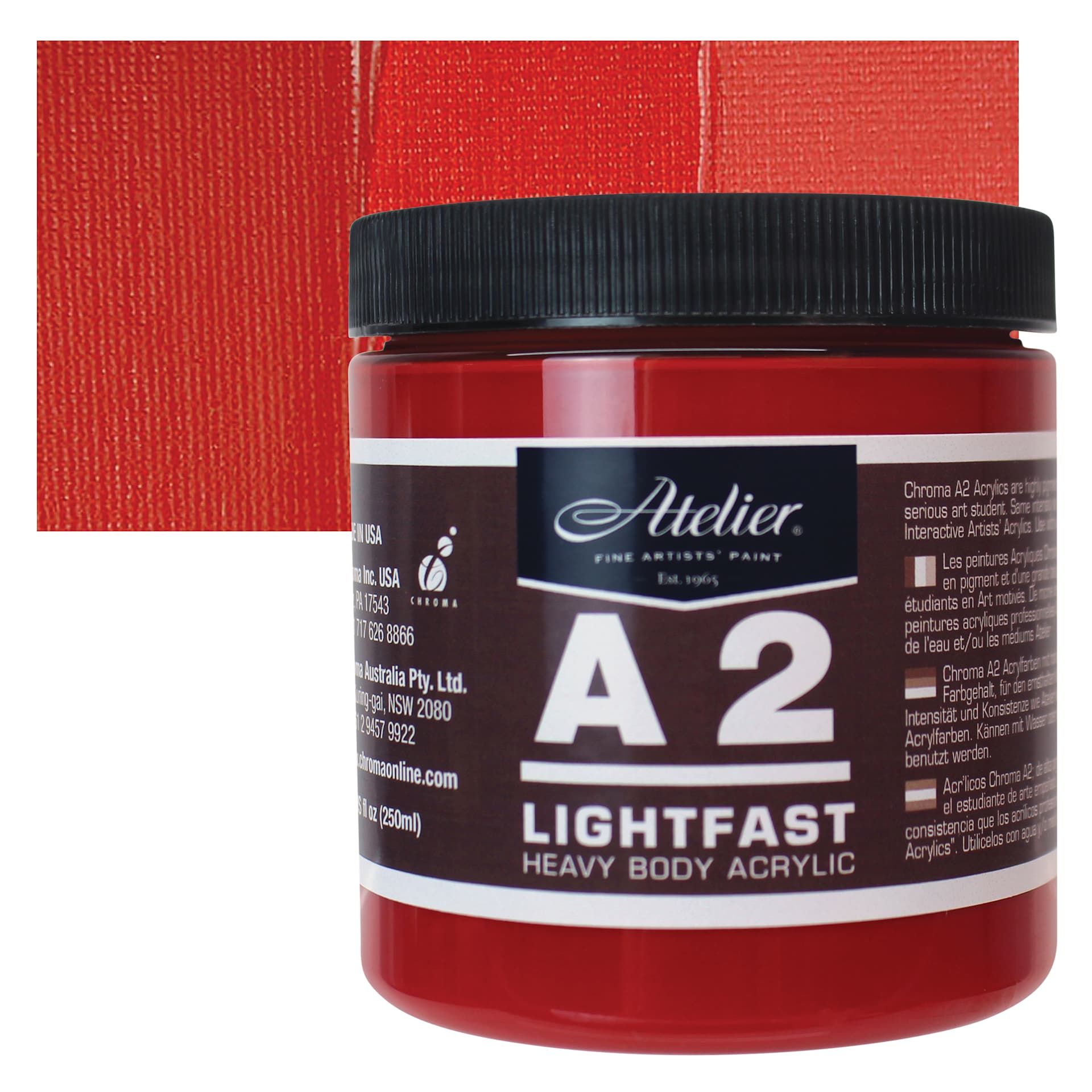 Chroma A2 Student Acrylic - Cadmium Red Medium Hue, 250 ml jar and swatch