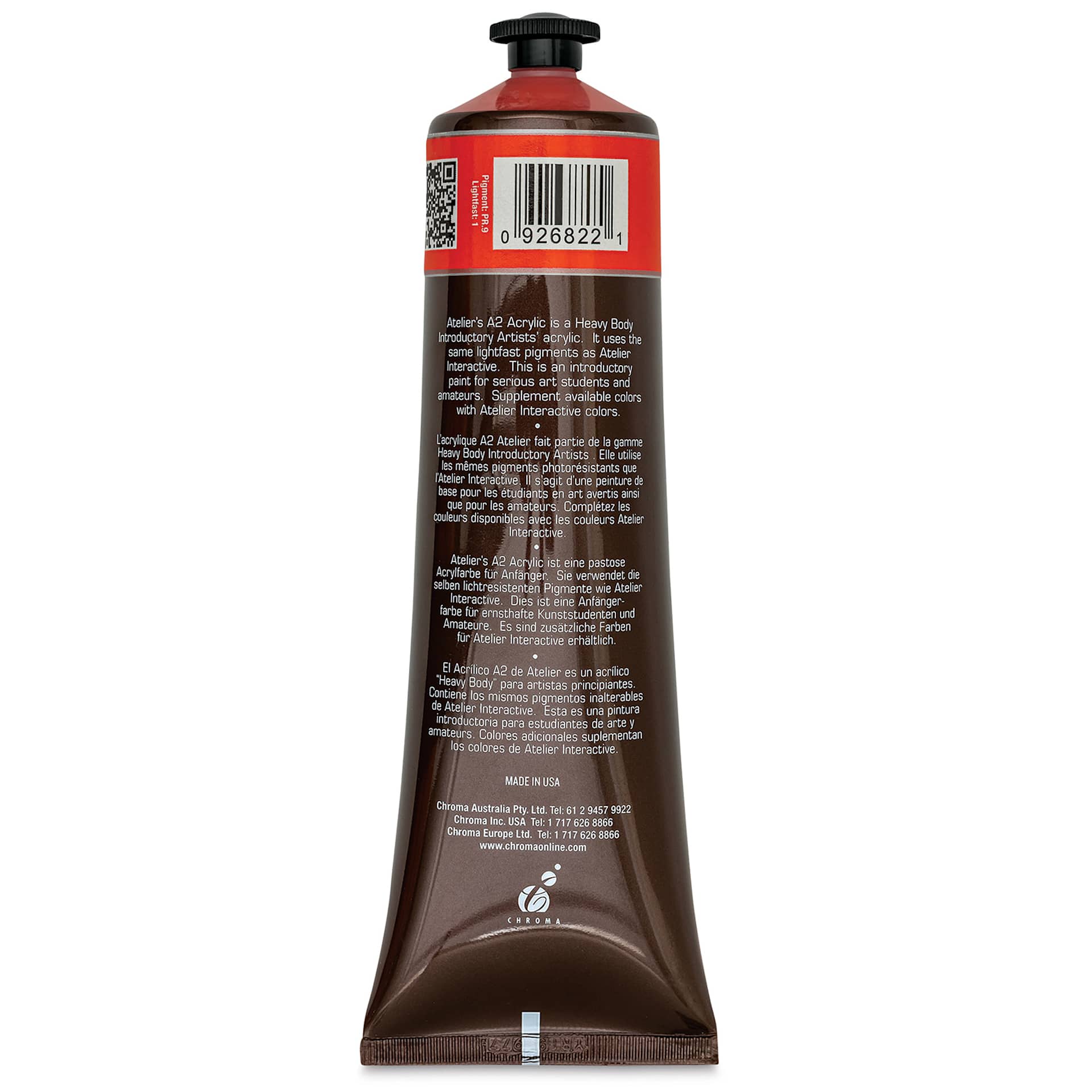 Chroma A2 Student Acrylics - Cadmium Scarlet Hue, 120 ml tube, back