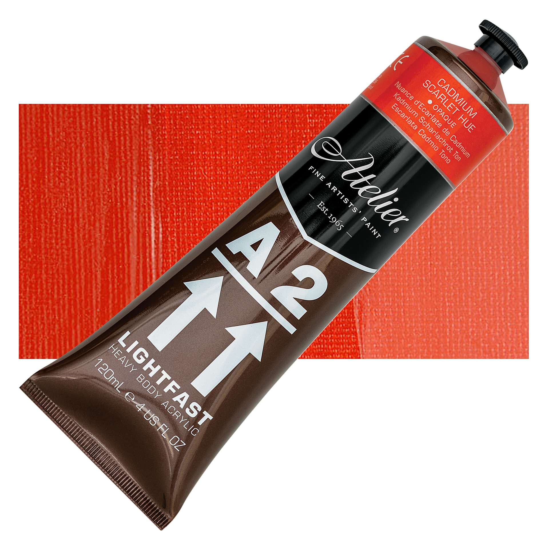 Chroma A2 Student Acrylic - Cadmium Scarlet Hue, 120 ml tube and swatch