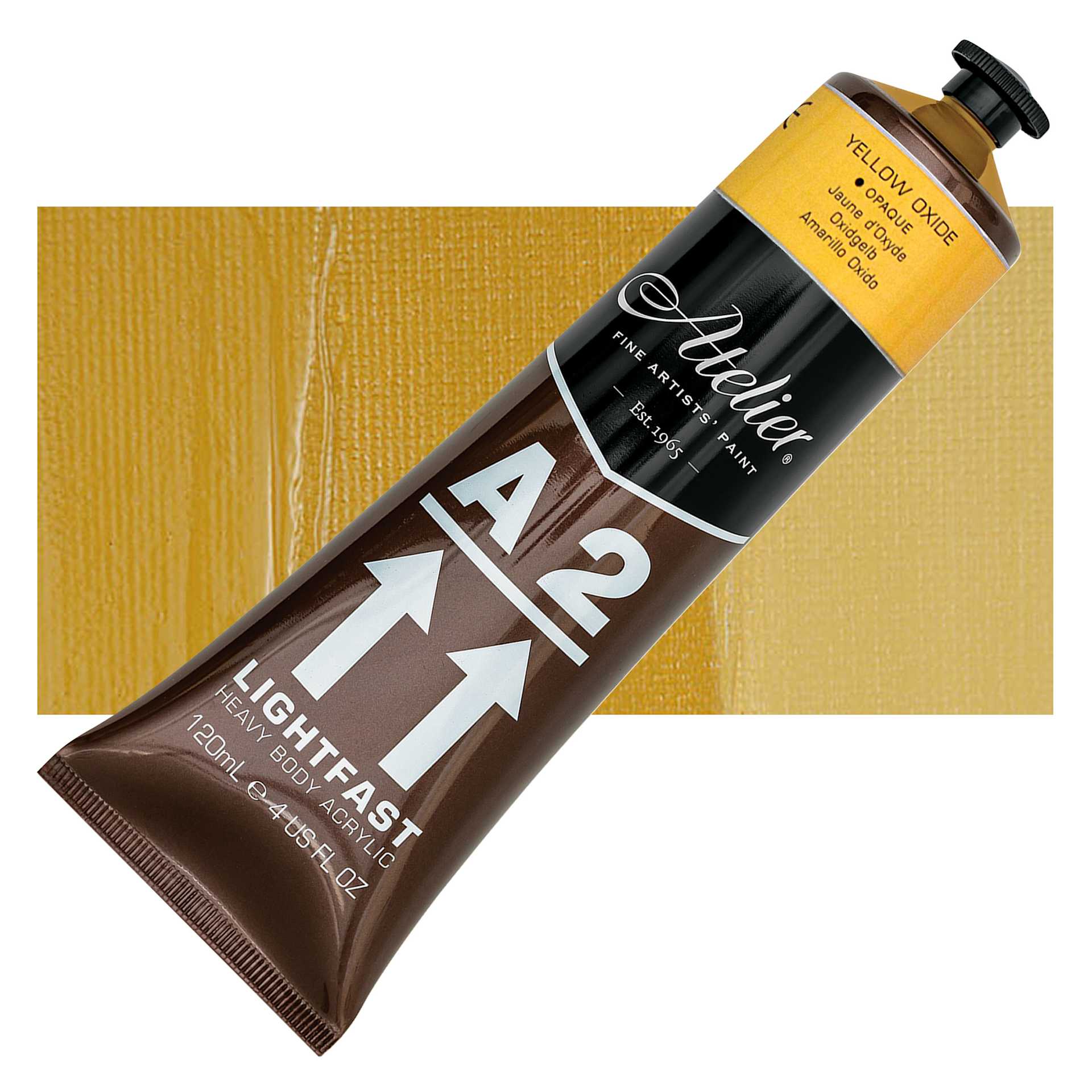 Chroma A2 Student Acrylic - Yellow Oxide, 120 ml tube and swatch