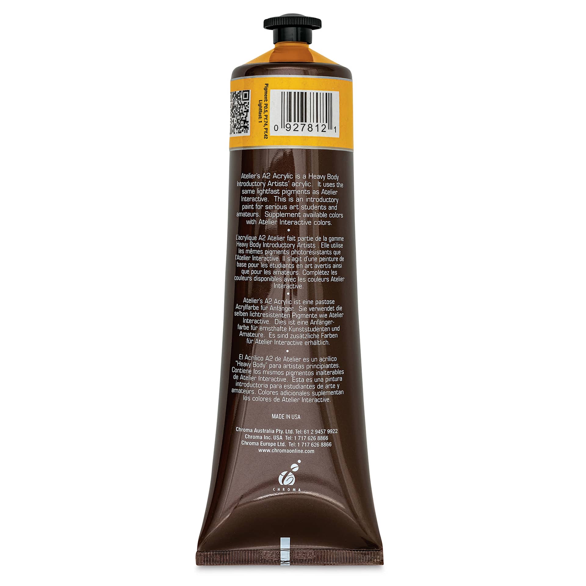 Chroma A2 Student Acrylics - India Yellow, 120 ml tube, back