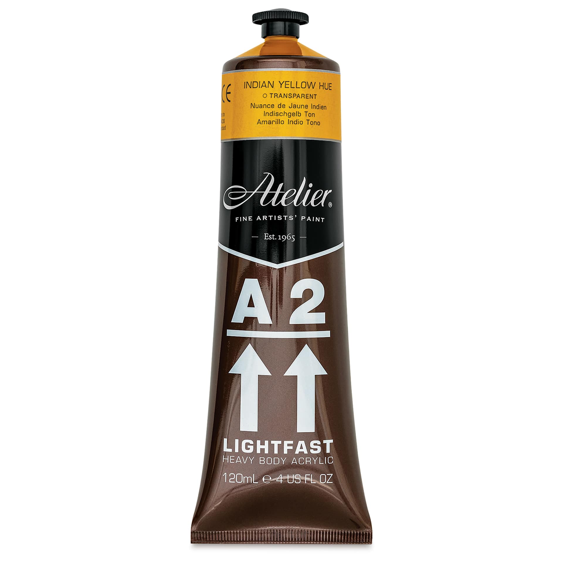 Chroma A2 Student Acrylics - India Yellow, 120 ml tube, front