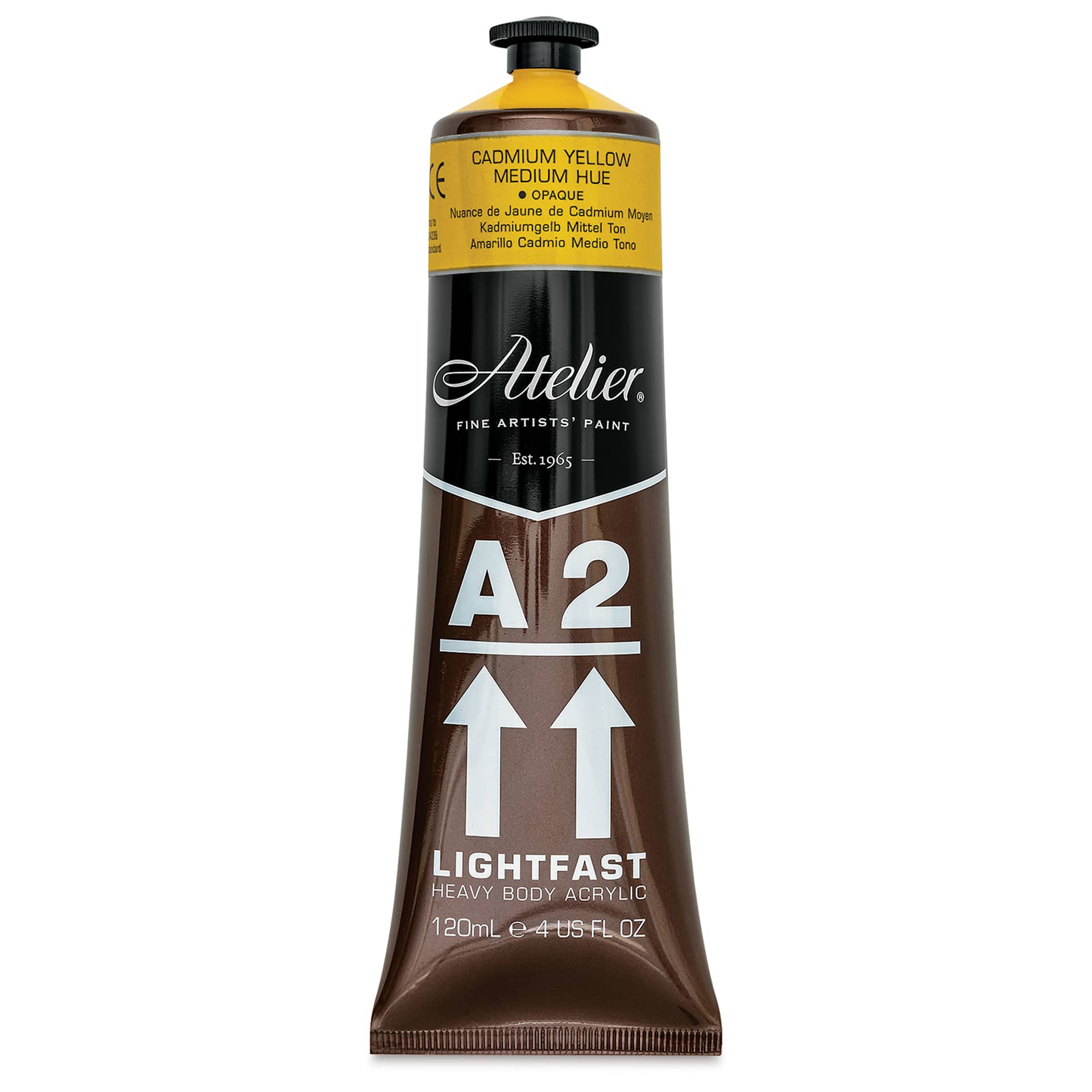 Chroma A2 Student Acrylics - Cadmium Yellow Medium Hue, 120 ml tube, front