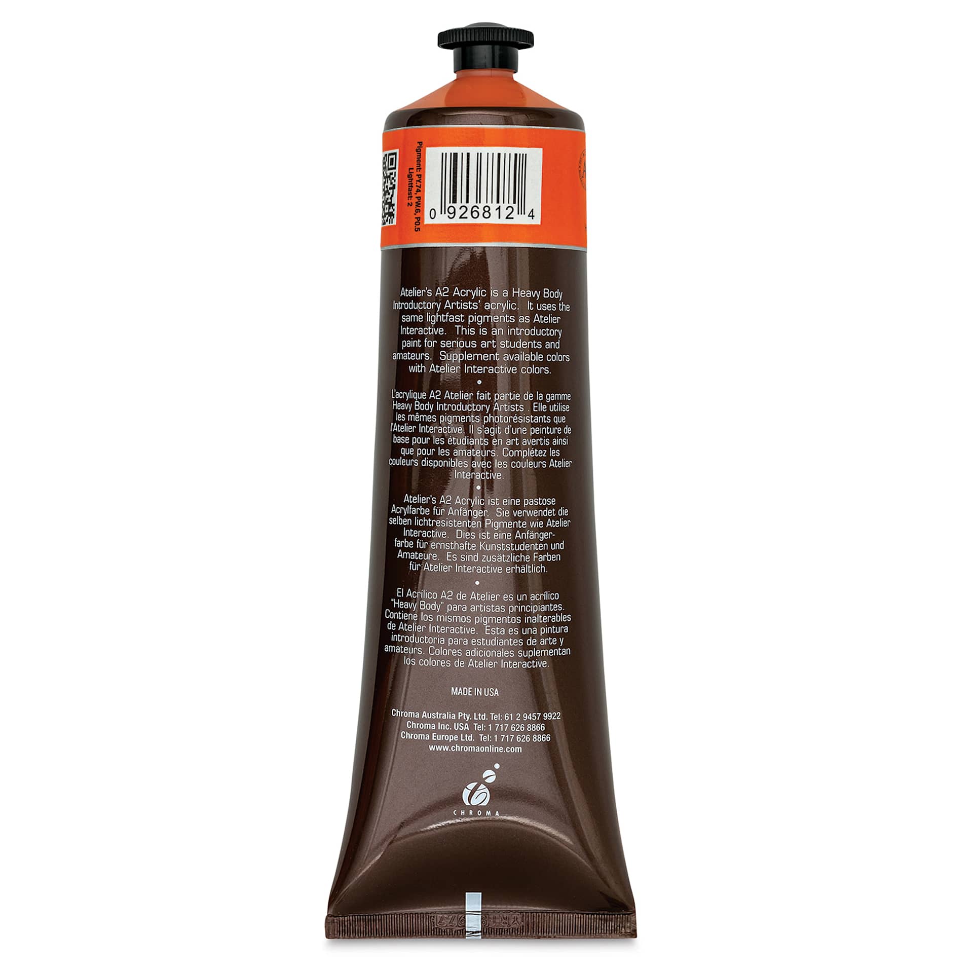 Chroma A2 Student Acrylics - Cadmium Orange Hue, 120 ml tube, back