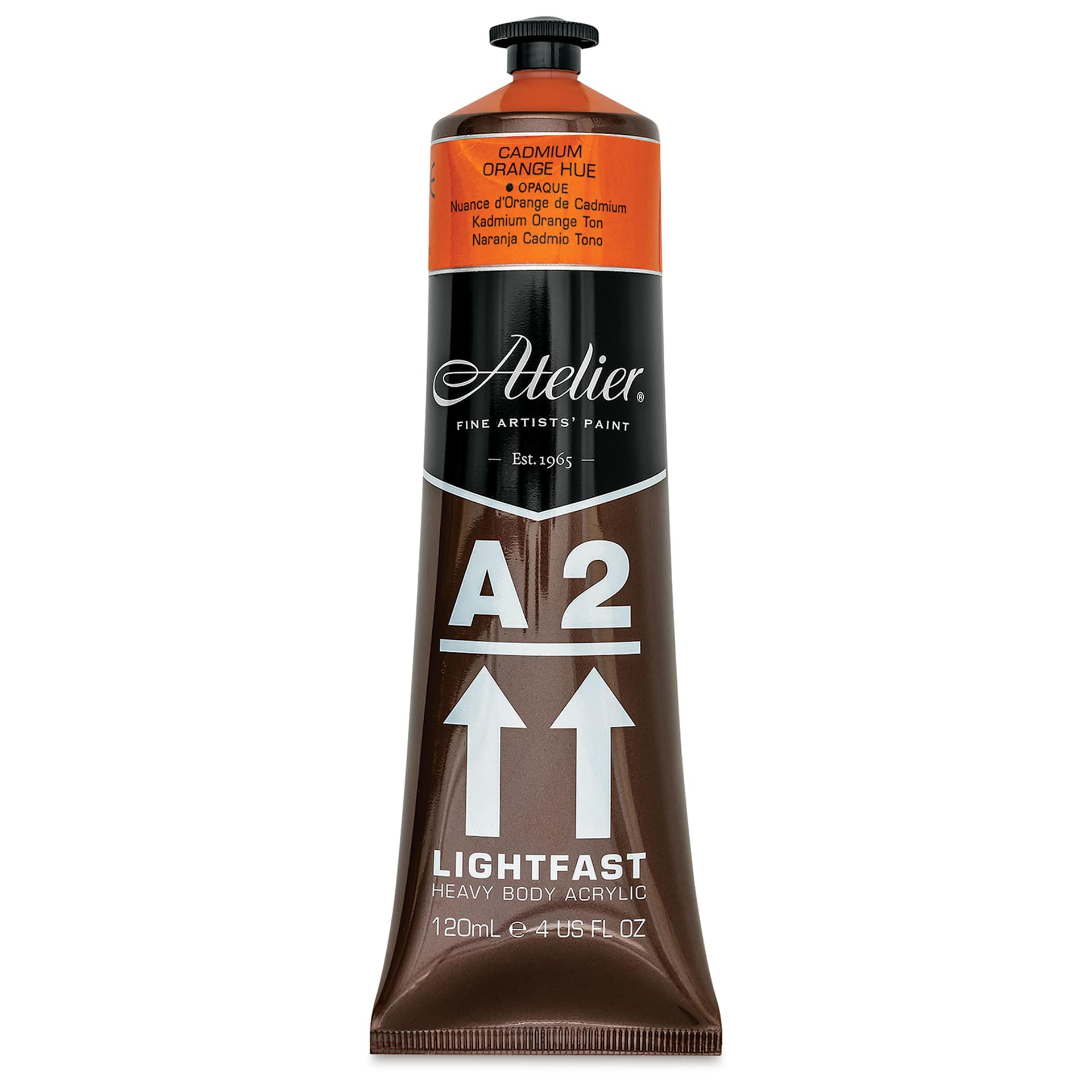 Chroma A2 Student Acrylics - Cadmium Orange Hue, 120 ml tube, front