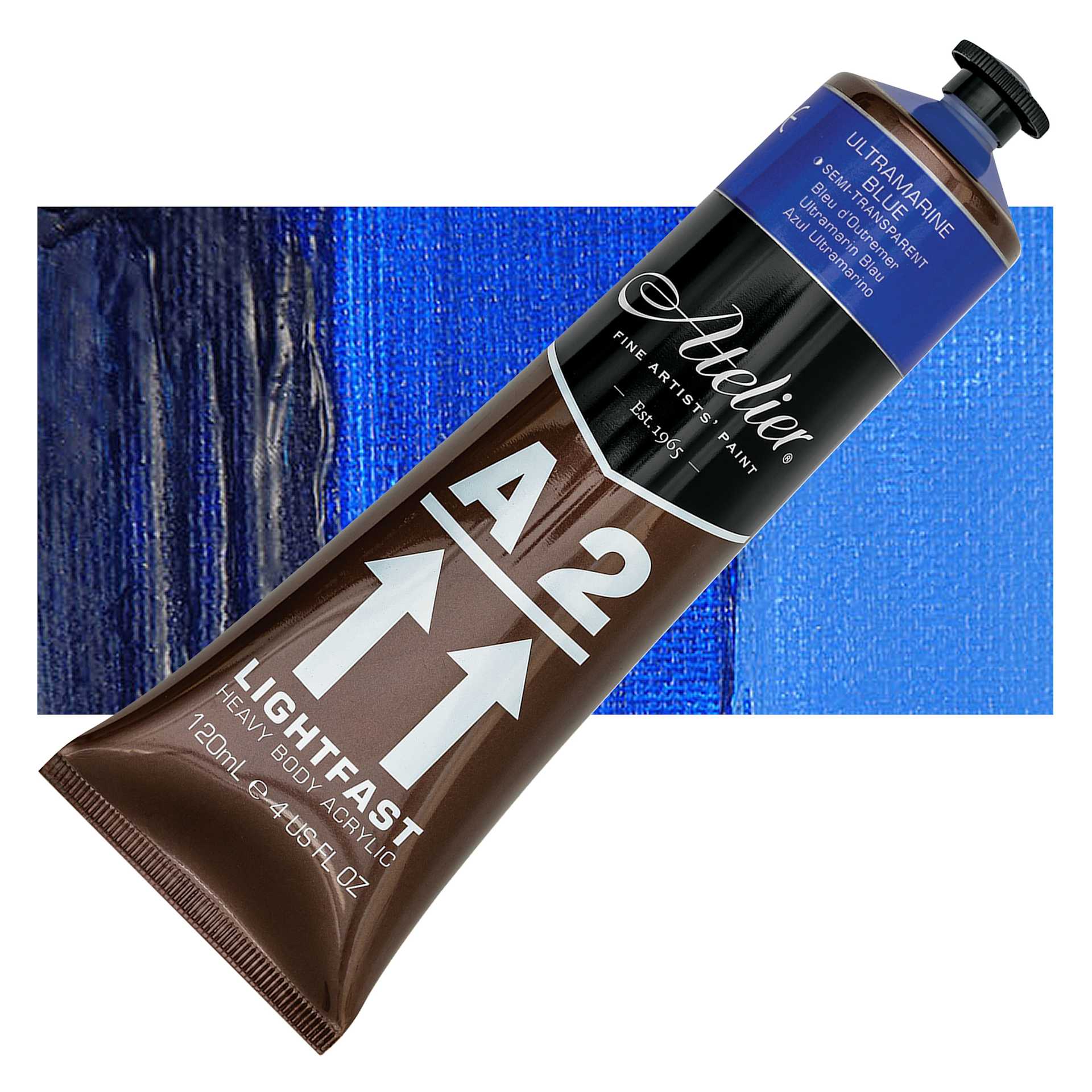 Chroma A2 Student Acrylic - Ultramarine Blue, 120 ml tube and swatch
