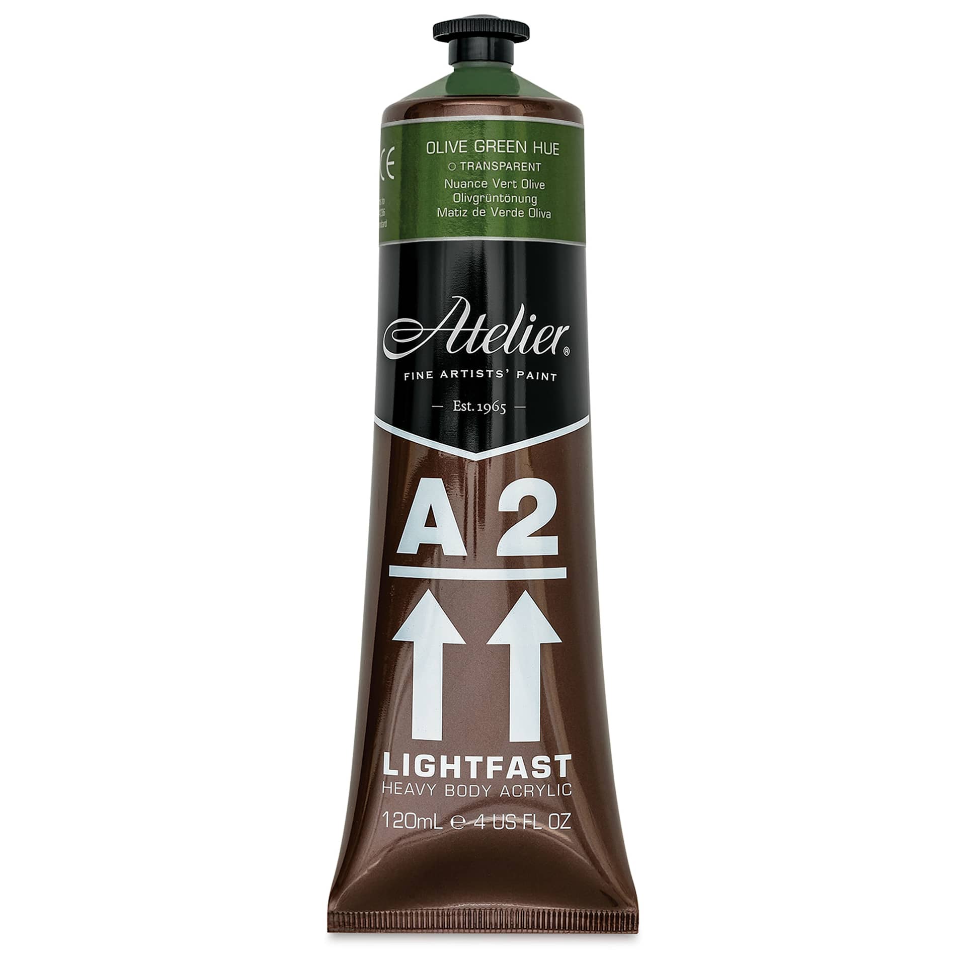 Chroma A2 Student Acrylics - Olive Green Hue, 120 ml tube, front