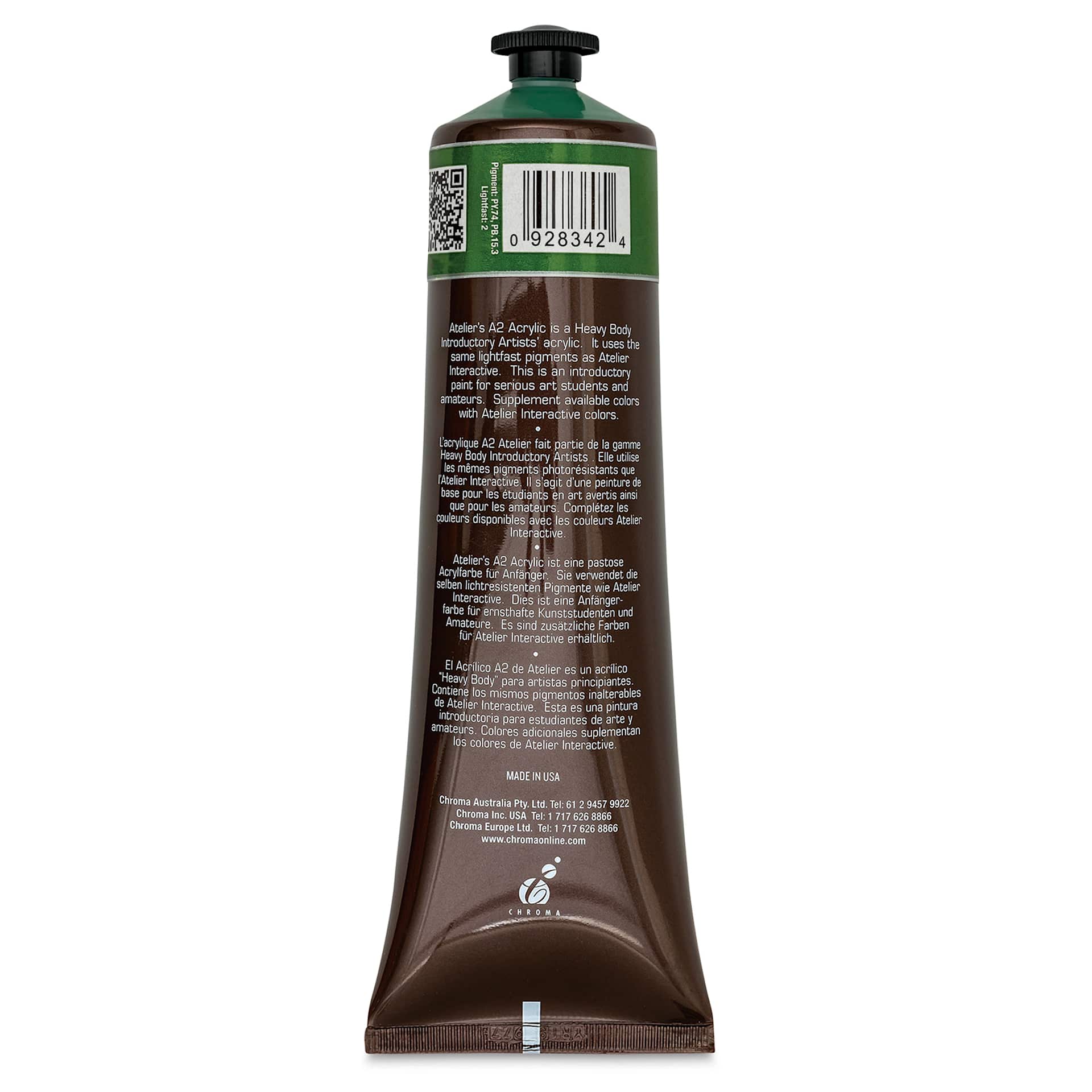Chroma A2 Student Acrylics - Permanent Sap Green, 120 ml tube, back