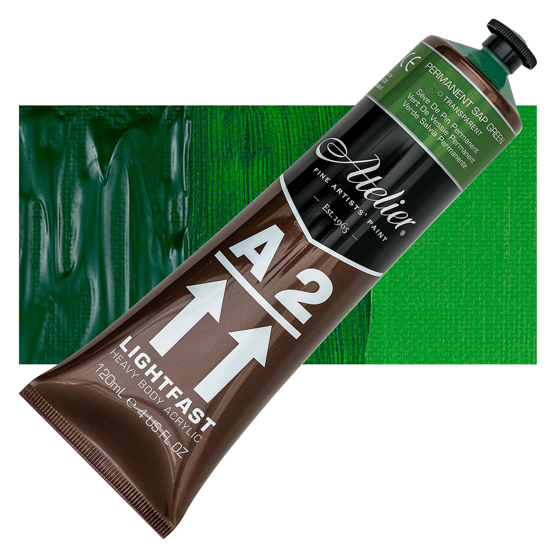 Chroma A2 Student Acrylic - Permanent Sap Green, 120 ml tube and swatch