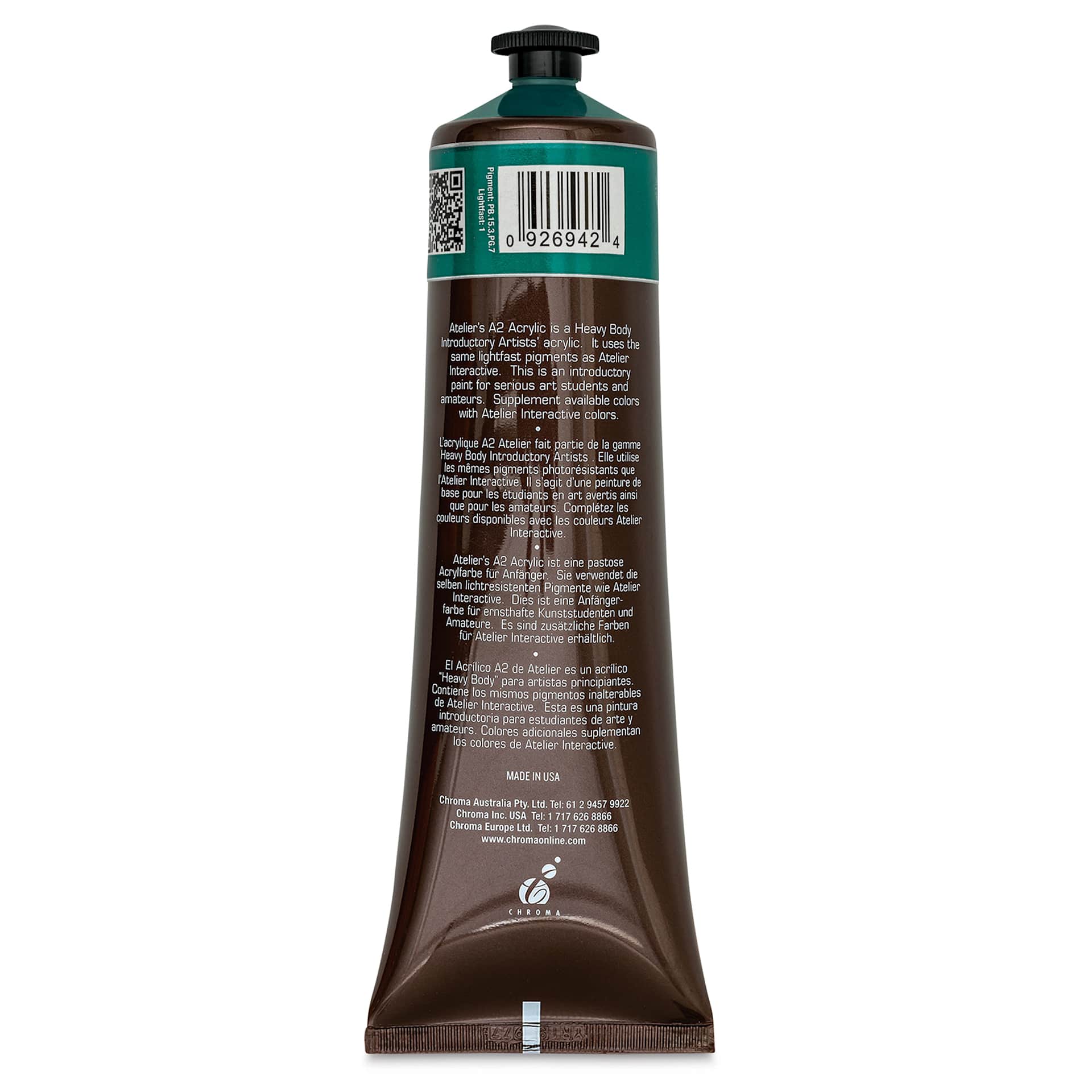 Chroma A2 Student Acrylics - Pthalo Green Hue, 120 ml tube, back