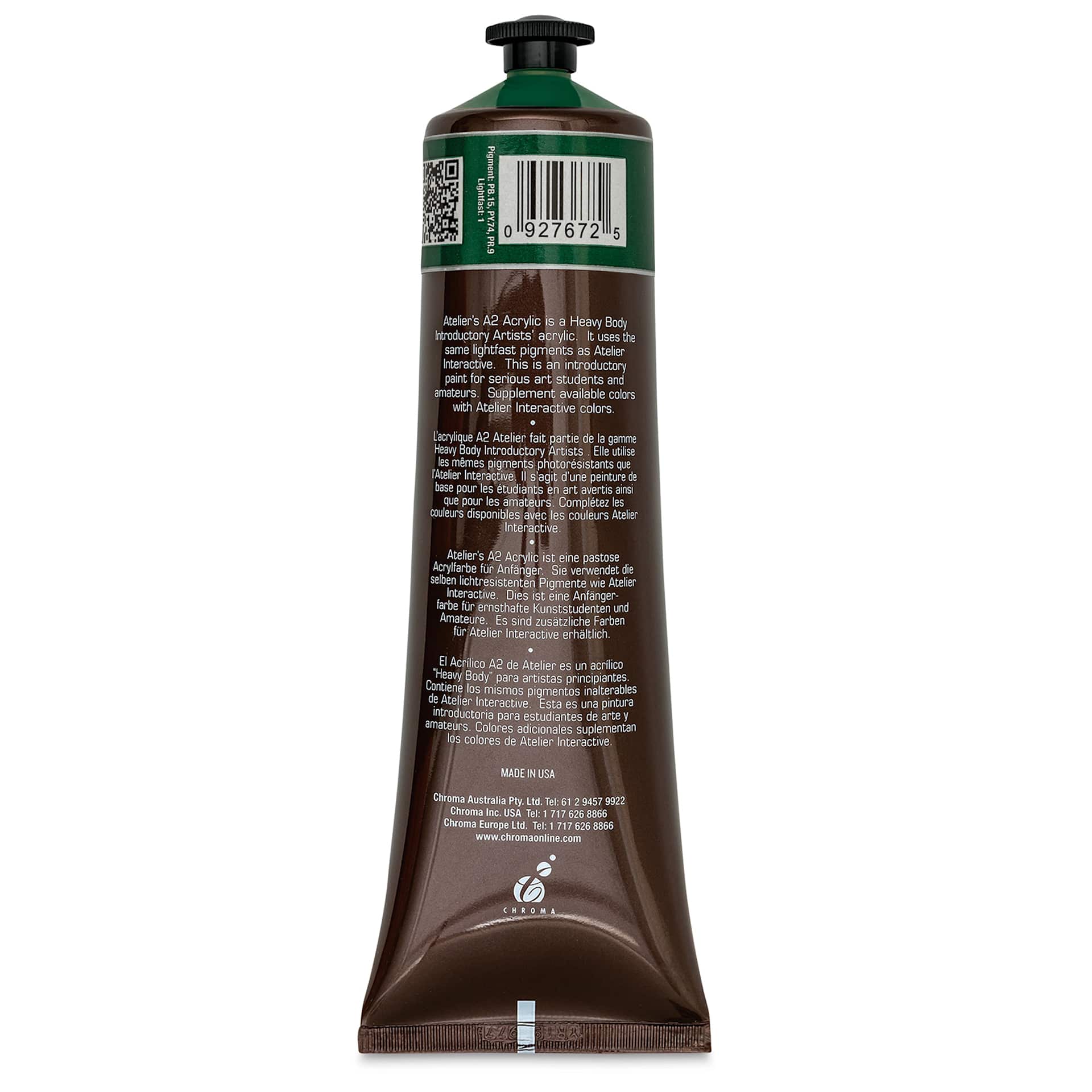 Chroma A2 Student Acrylics - Hookers Green Hue, 120 ml tube, back