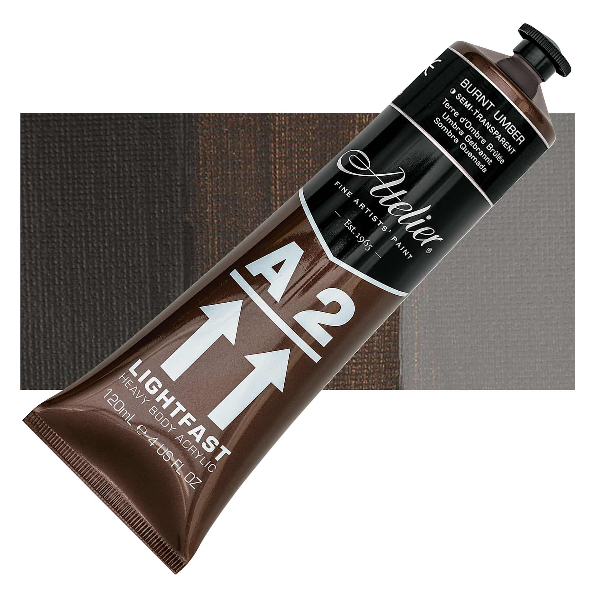 Chroma A2 Student Acrylic - Burnt Umber, 120 ml tube and swatch