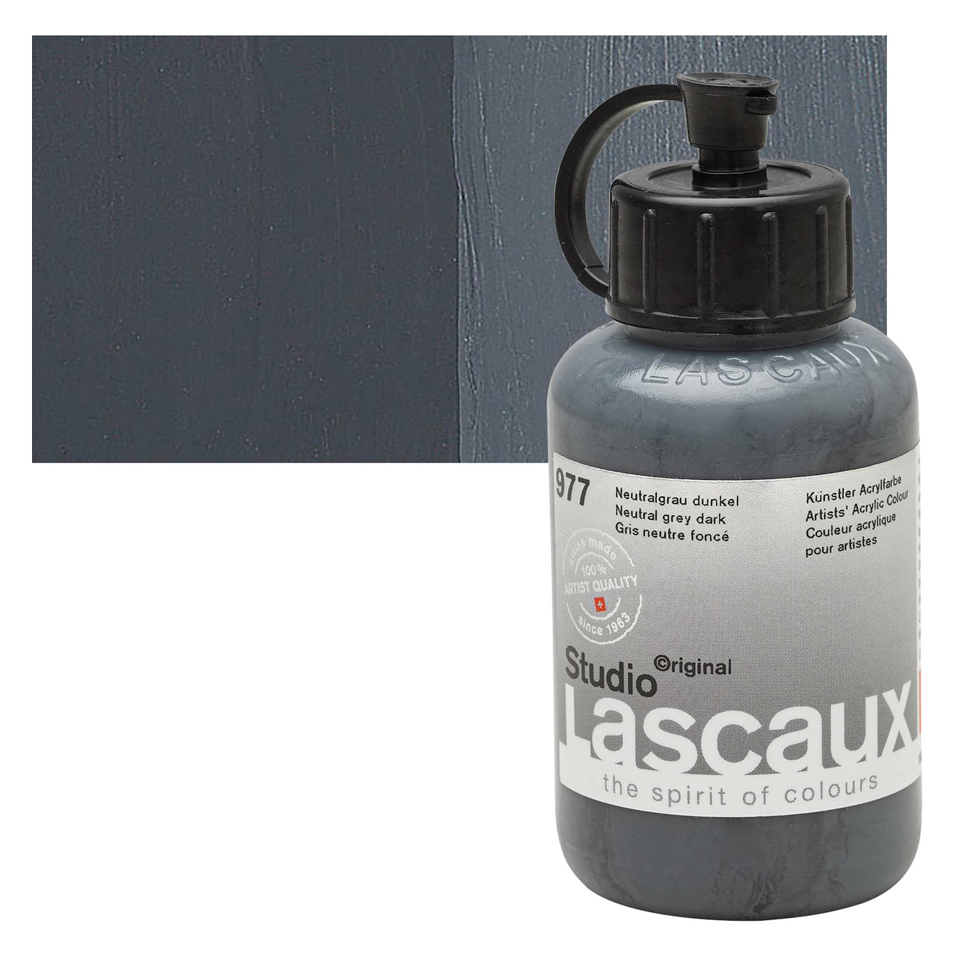 Lascaux Studio Acrylic - Neutral Gray Dark, 85 ml bottle and swatch