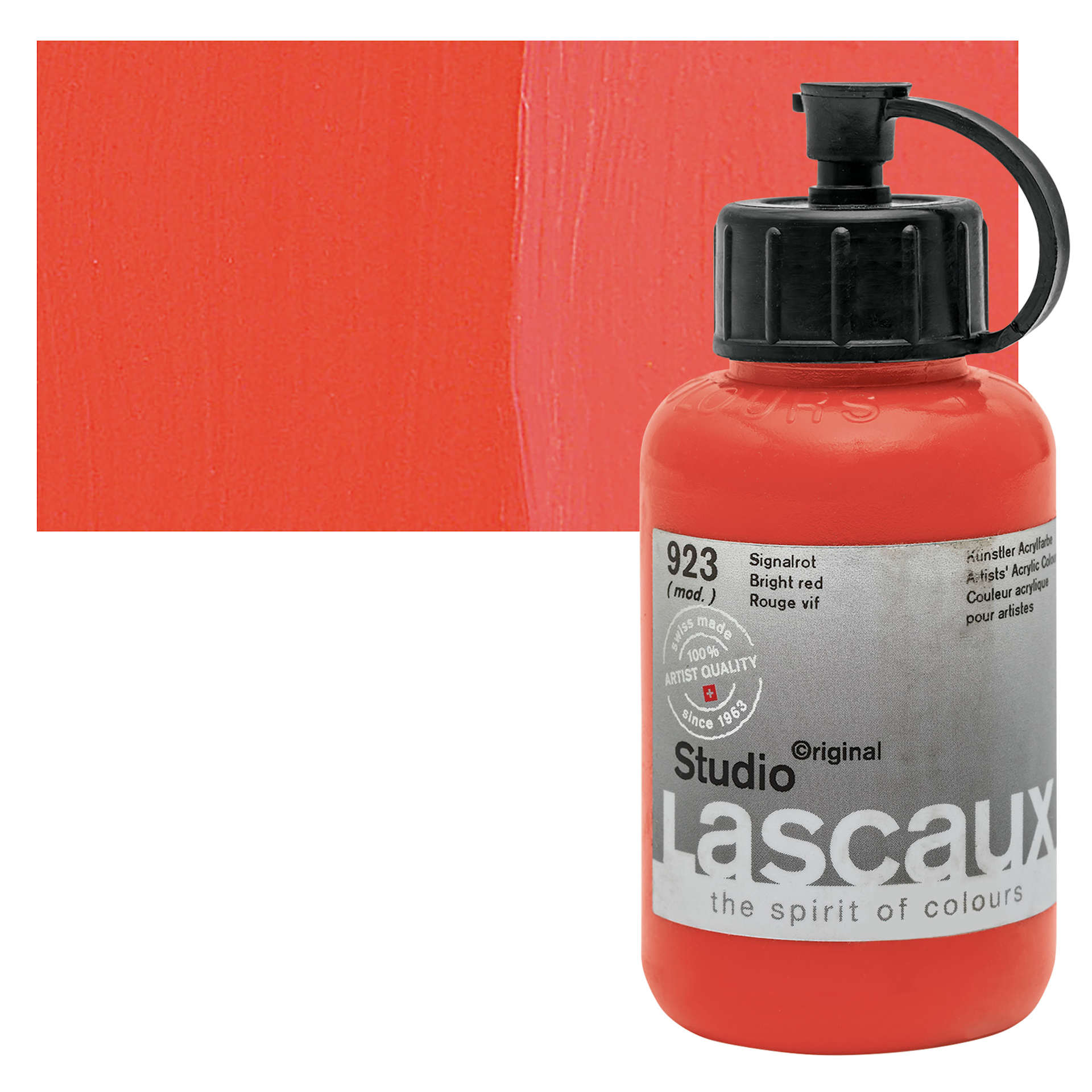 Lascaux Studio Acrylic - Bright Red, 85 ml bottle and swatch