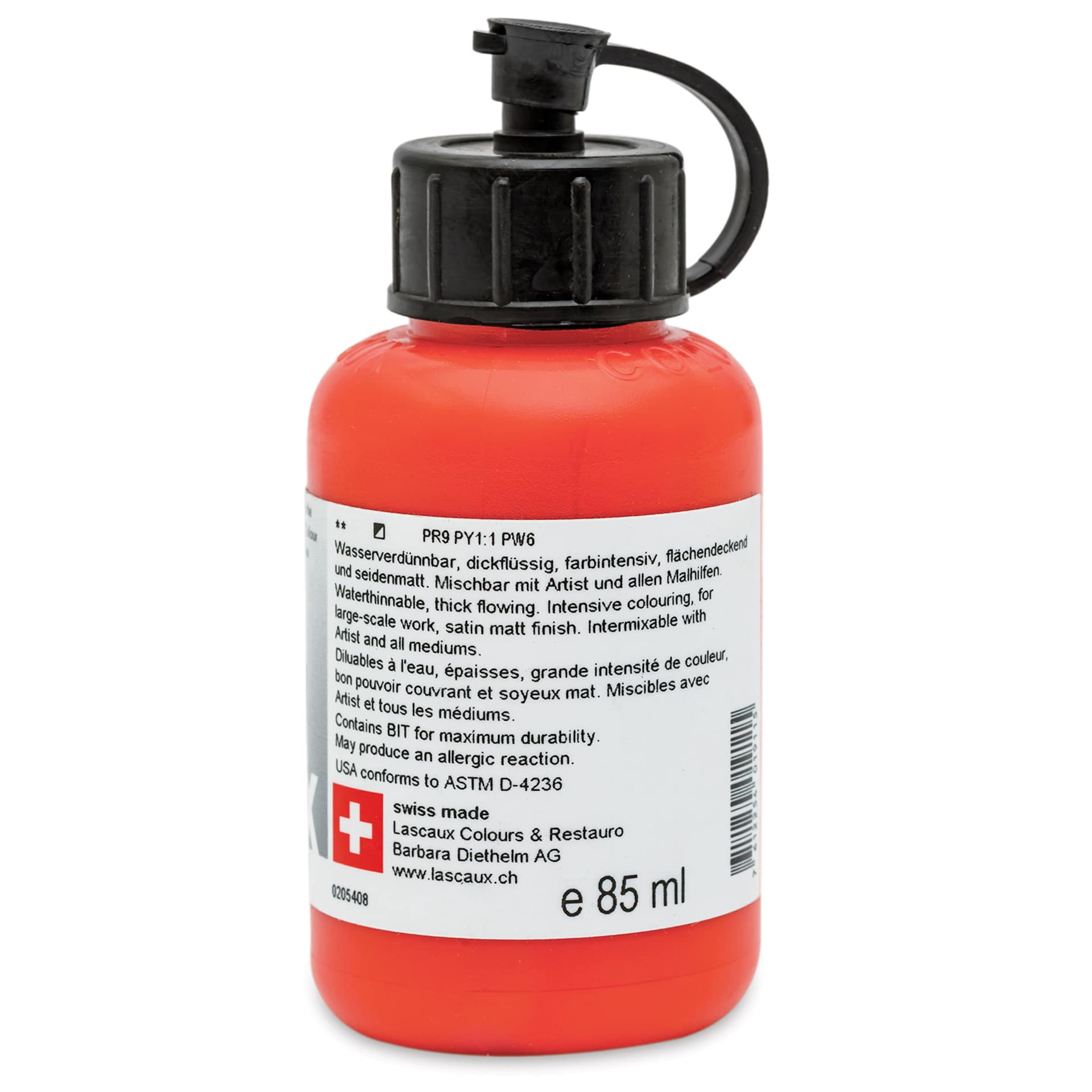 Lascaux Studio Acrylics - Vermilion, 85 ml bottle back