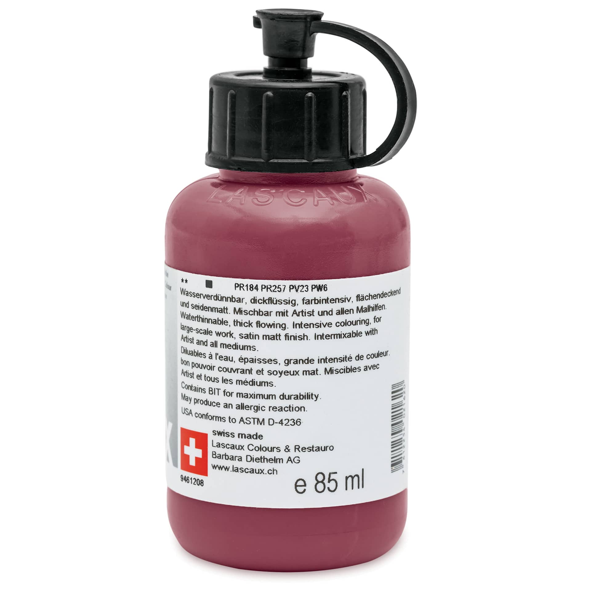 Lascaux Studio Acrylics - Bordeaux Red, 85 ml bottle back