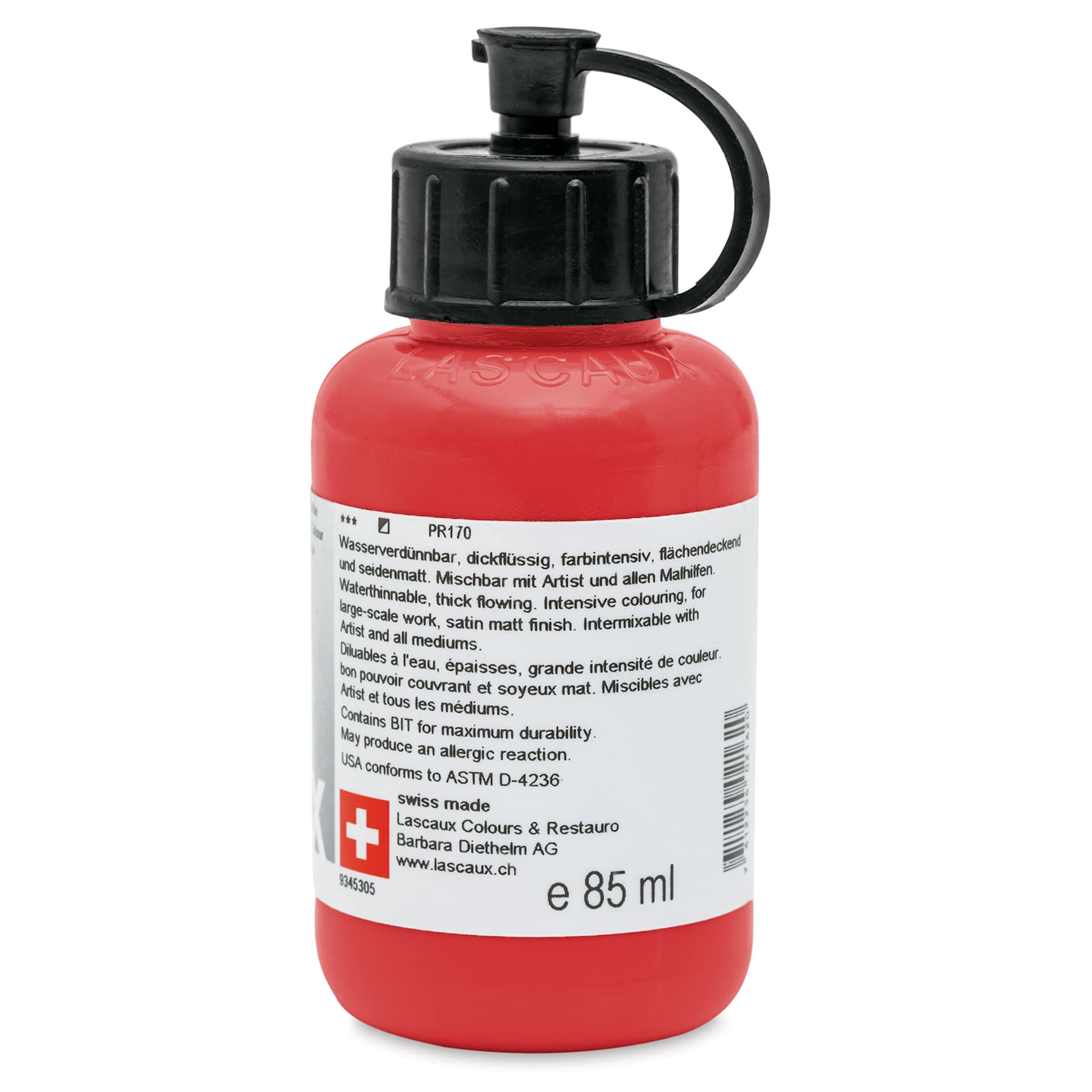 Lascaux Studio Acrylics - Permanent Red Deep, 85 ml bottle back