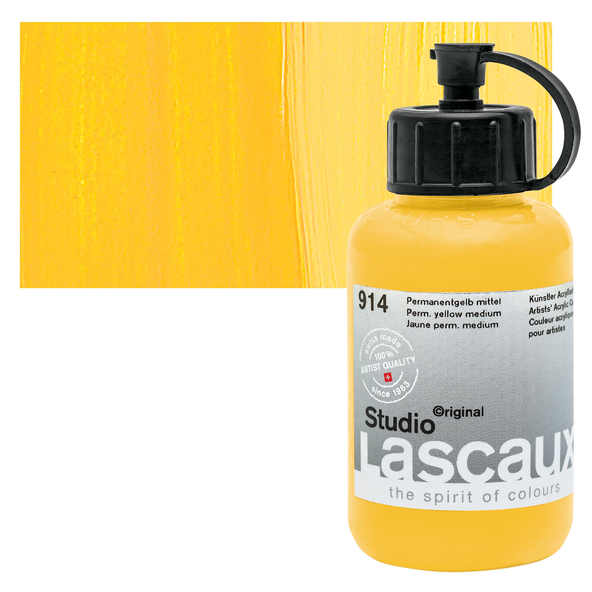 Lascaux Studio Acrylic - Permanent Yellow Medium, 85 ml bottle and swatch
