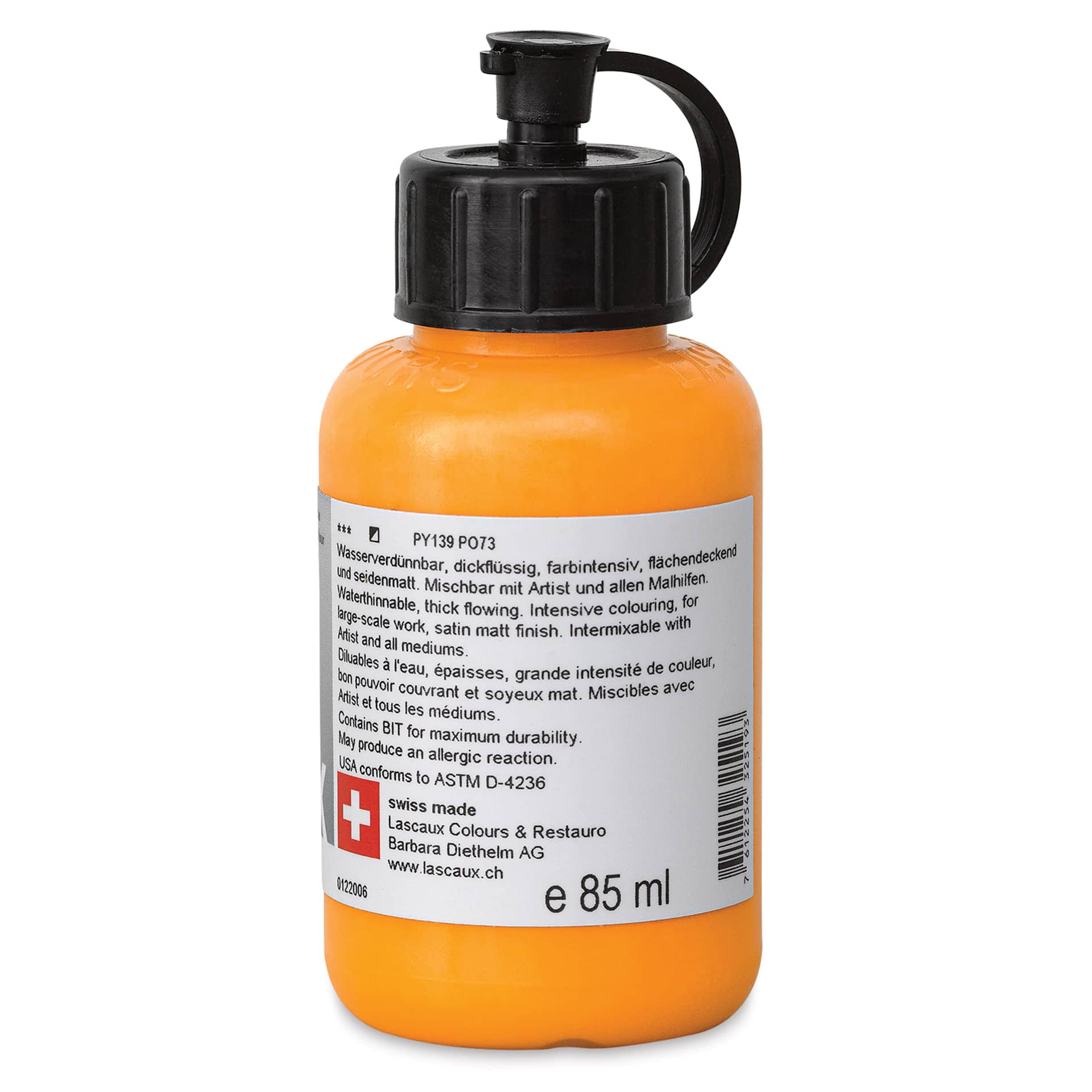 Lascaux Studio Acrylics - Permanent Yellow Deep, 85 ml bottle back
