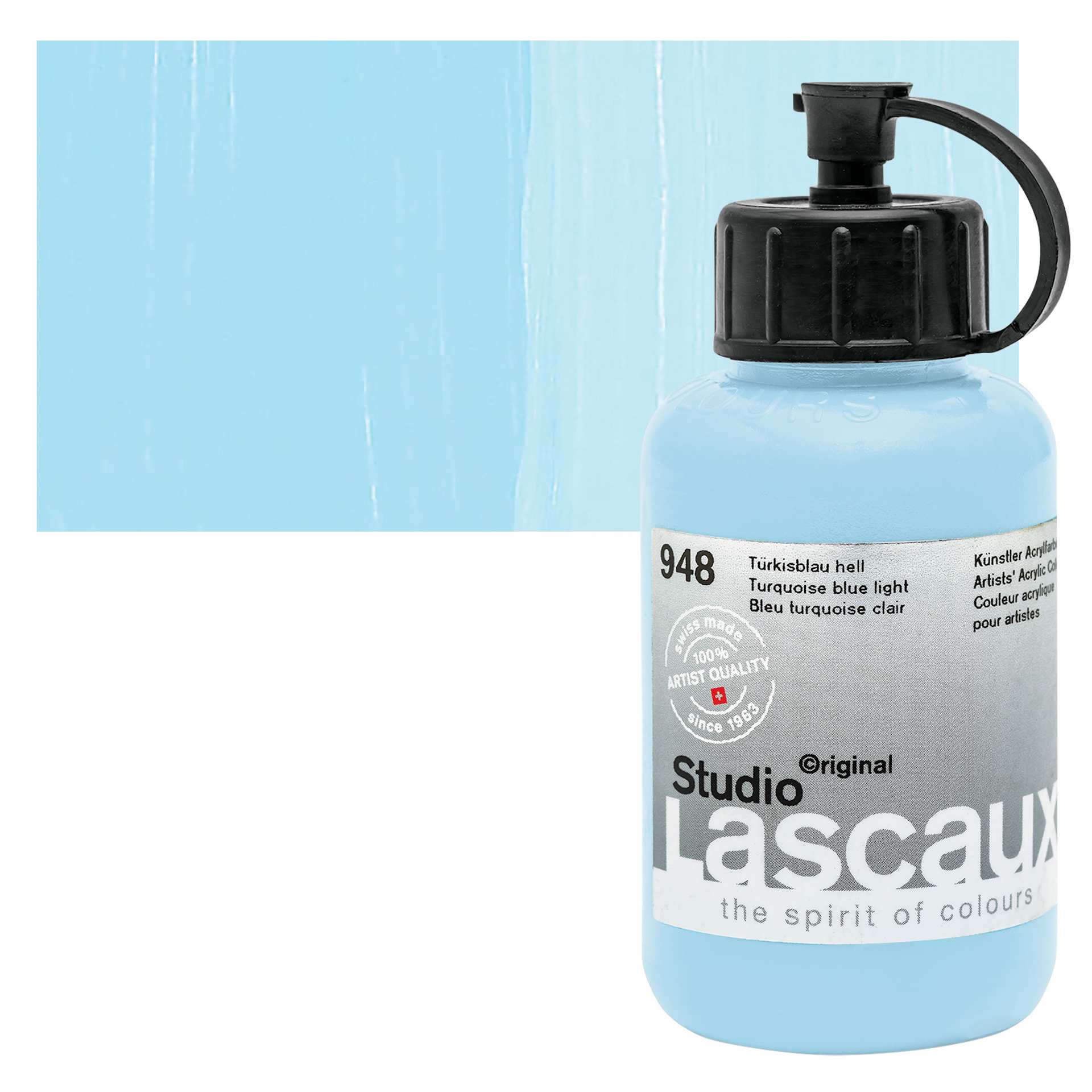 Lascaux Studio Acrylic - Turquoise Blue Light, 85 ml bottle and swatch