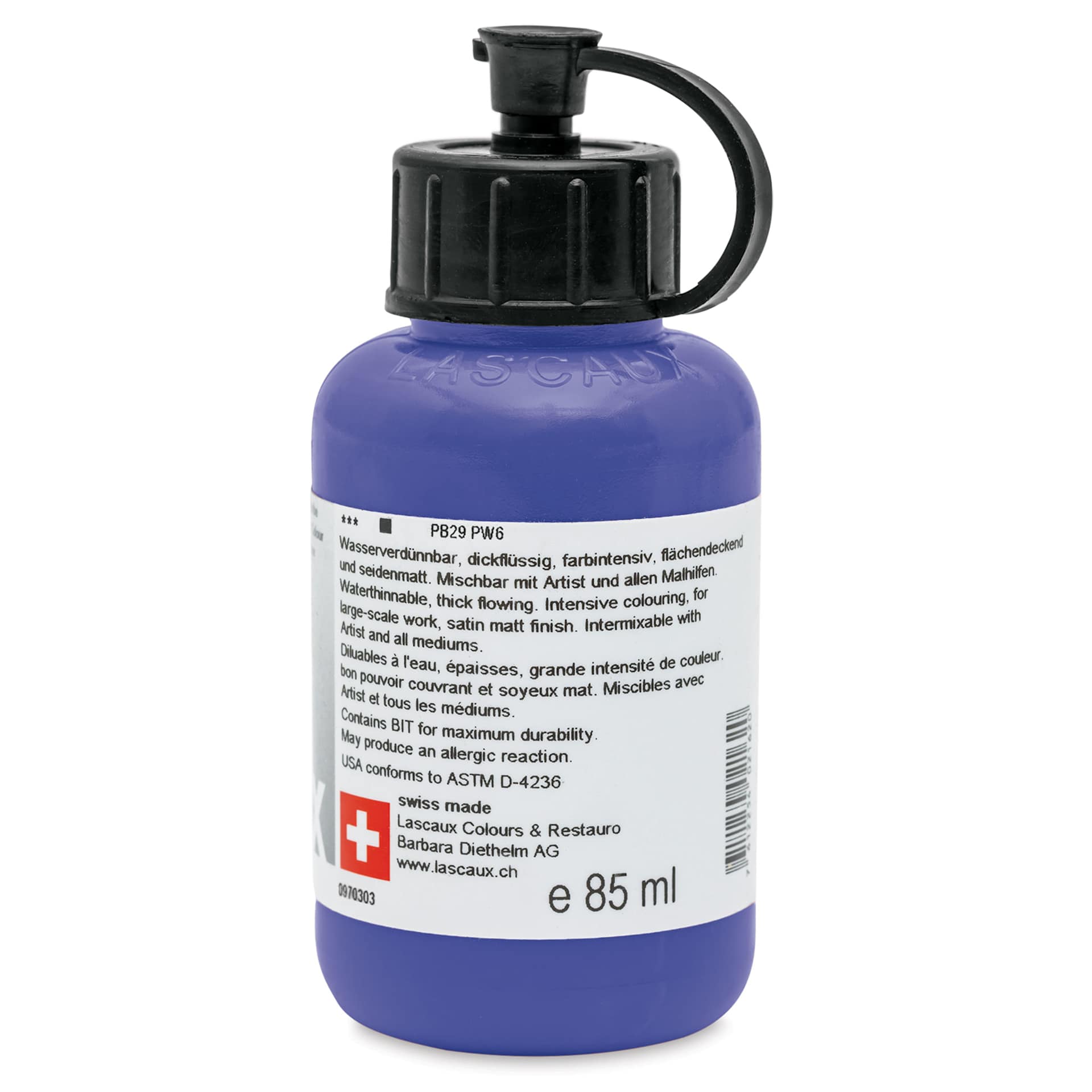 Lascaux Studio Acrylics - Ultramarine Blue Deep, 85 ml bottle back