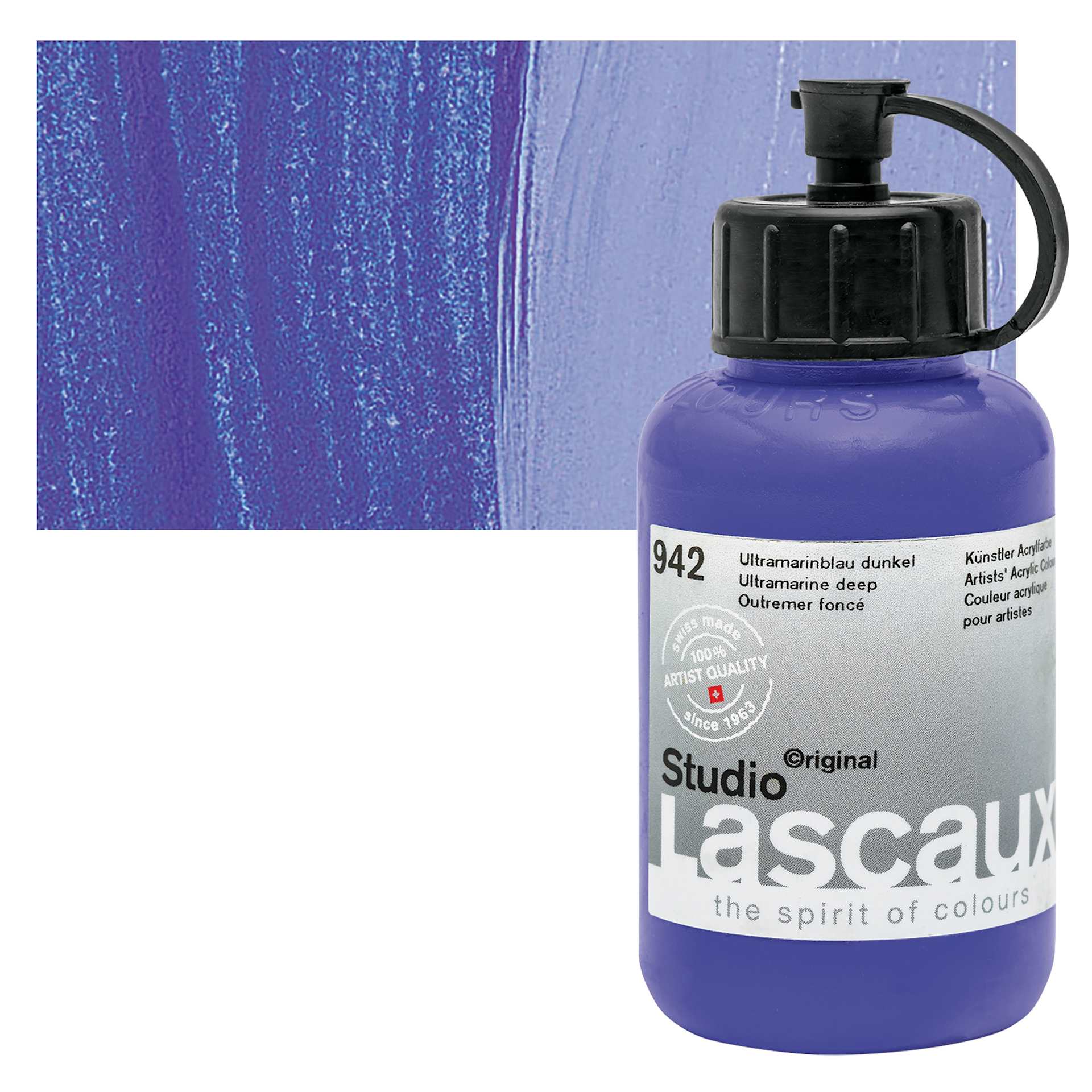 Lascaux Studio Acrylic - Ultramarine Blue Deep, 85 ml bottle and swatch