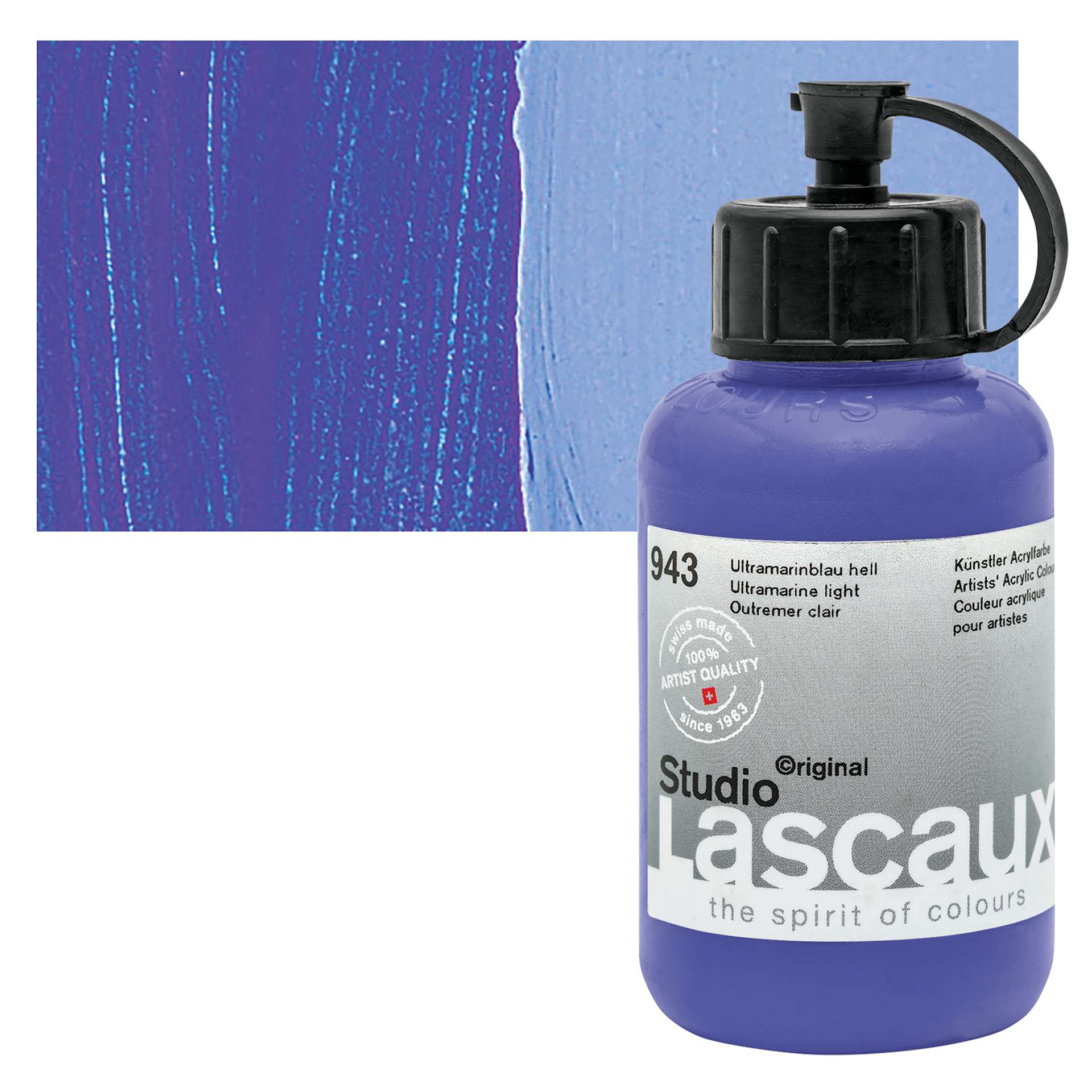 Lascaux Studio Acrylic - Ultramarine Blue Light, 85 ml bottle and swatch