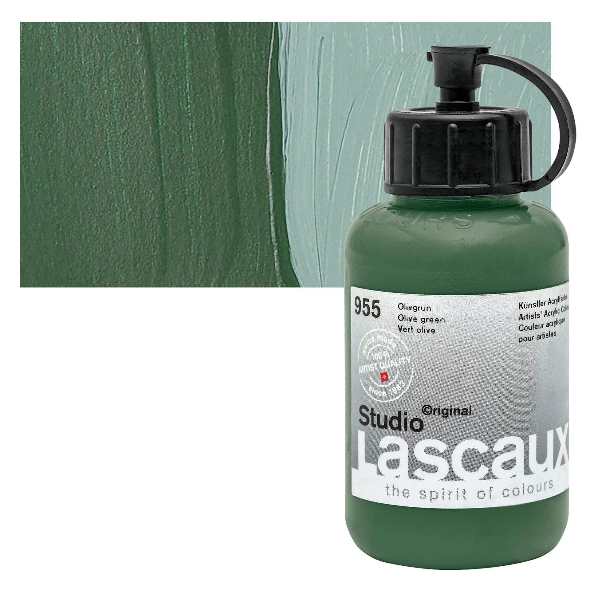 Lascaux Studio Acrylic - Olive Green, 85 ml bottle and swatch
