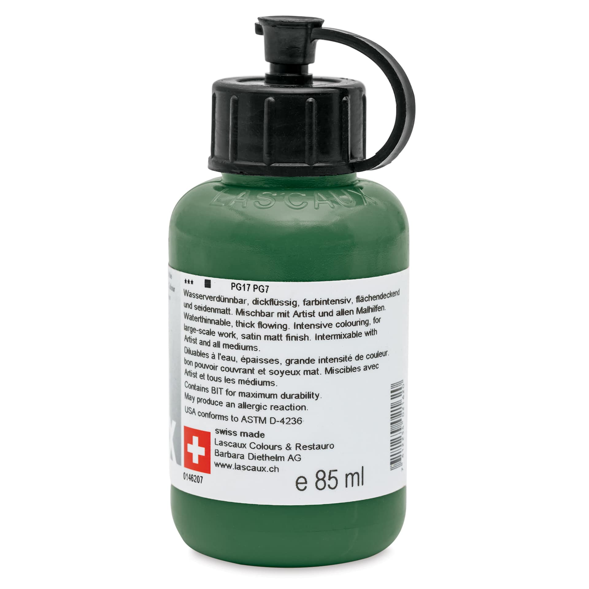 Lascaux Studio Acrylics - Chromium Oxide Green, 85 ml bottle back